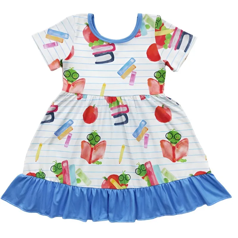 Bookworms and Apples Short Sleeve Ruffle Dress