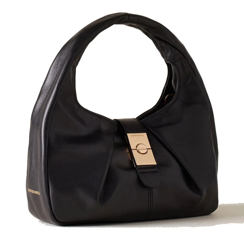 Borsa Donna Hobo Small BORBONESE linea Cortina in Pelle di Vitello Nappato Nero