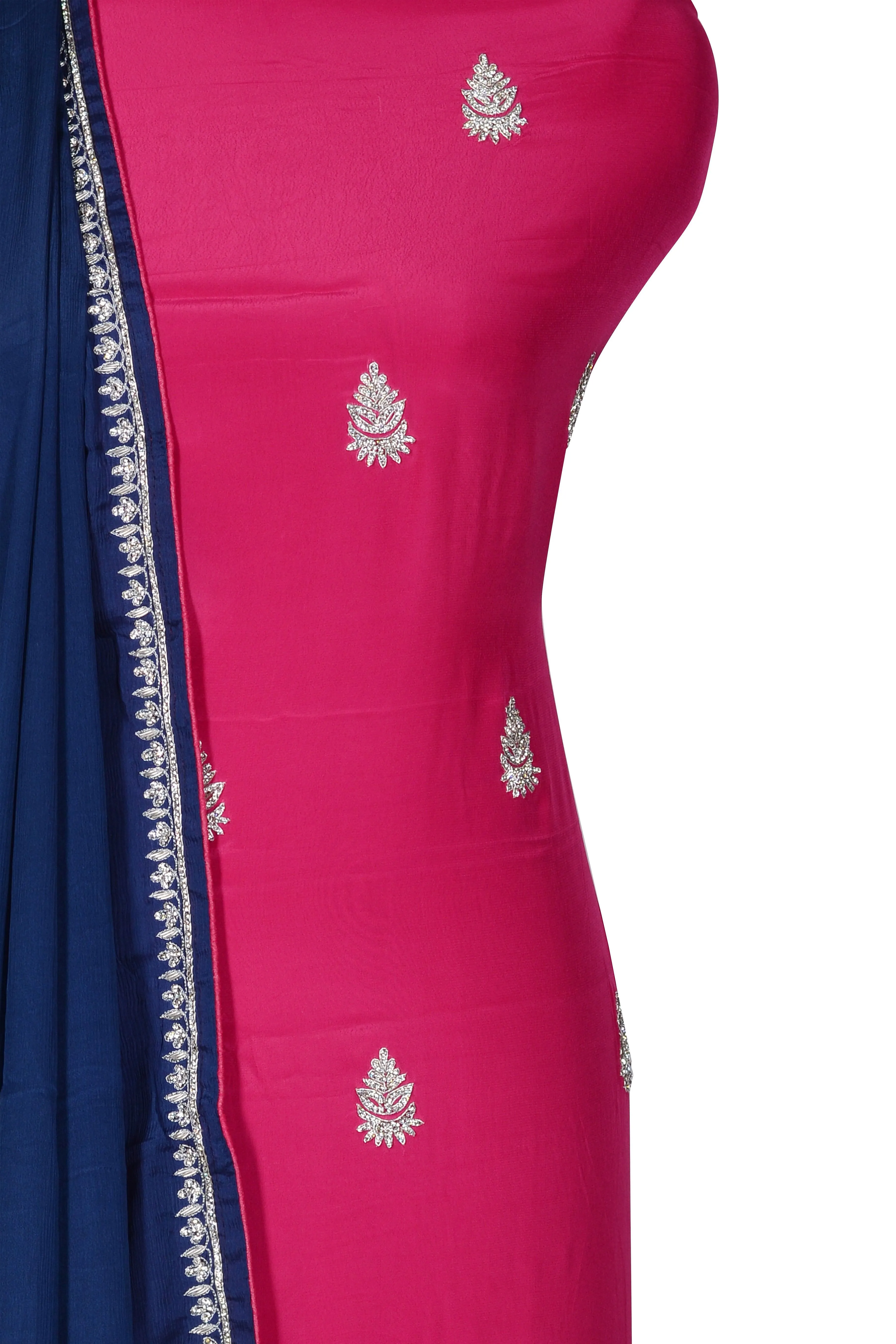 Bright Pink with Blue dupatta Unstitched Set.