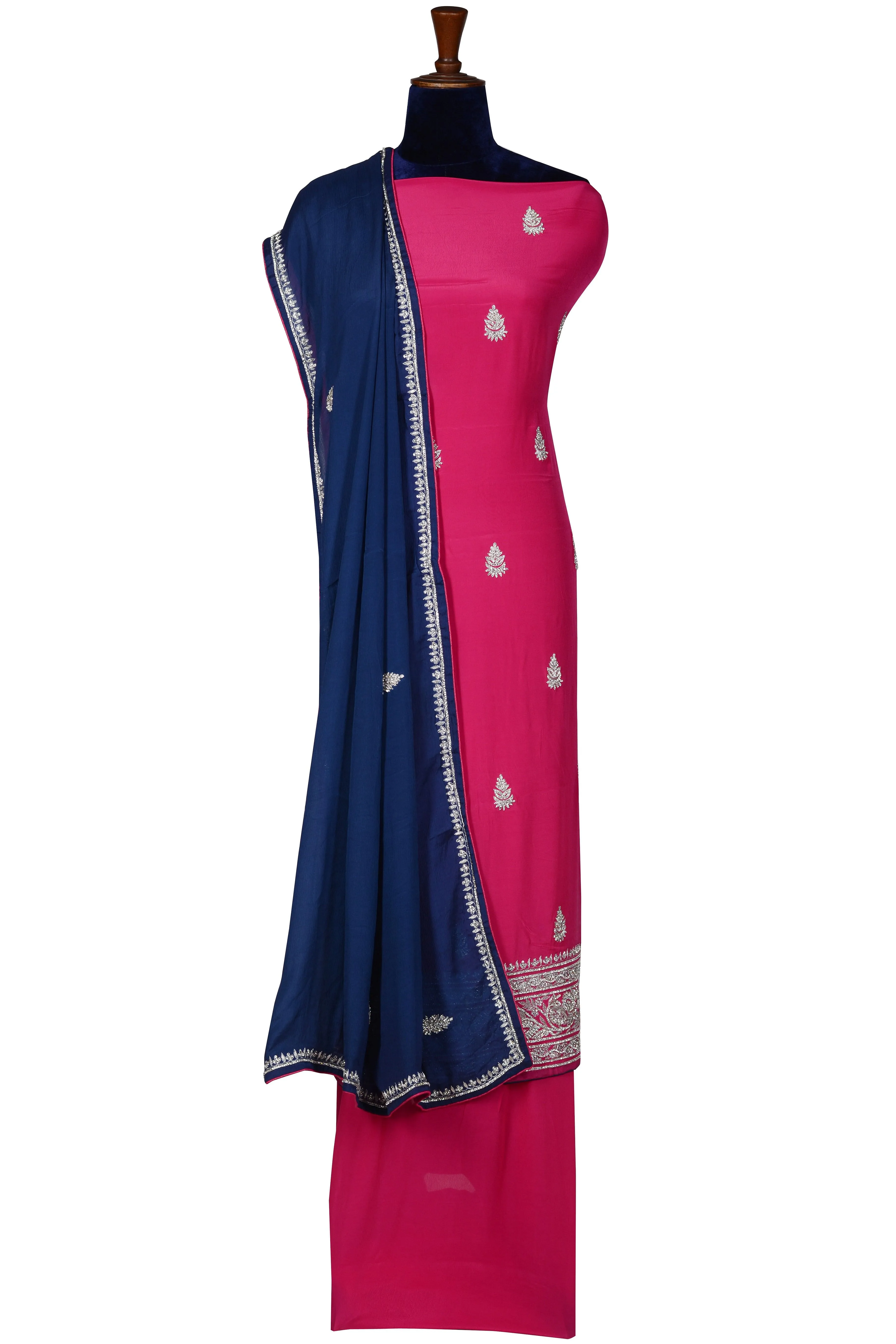 Bright Pink with Blue dupatta Unstitched Set.