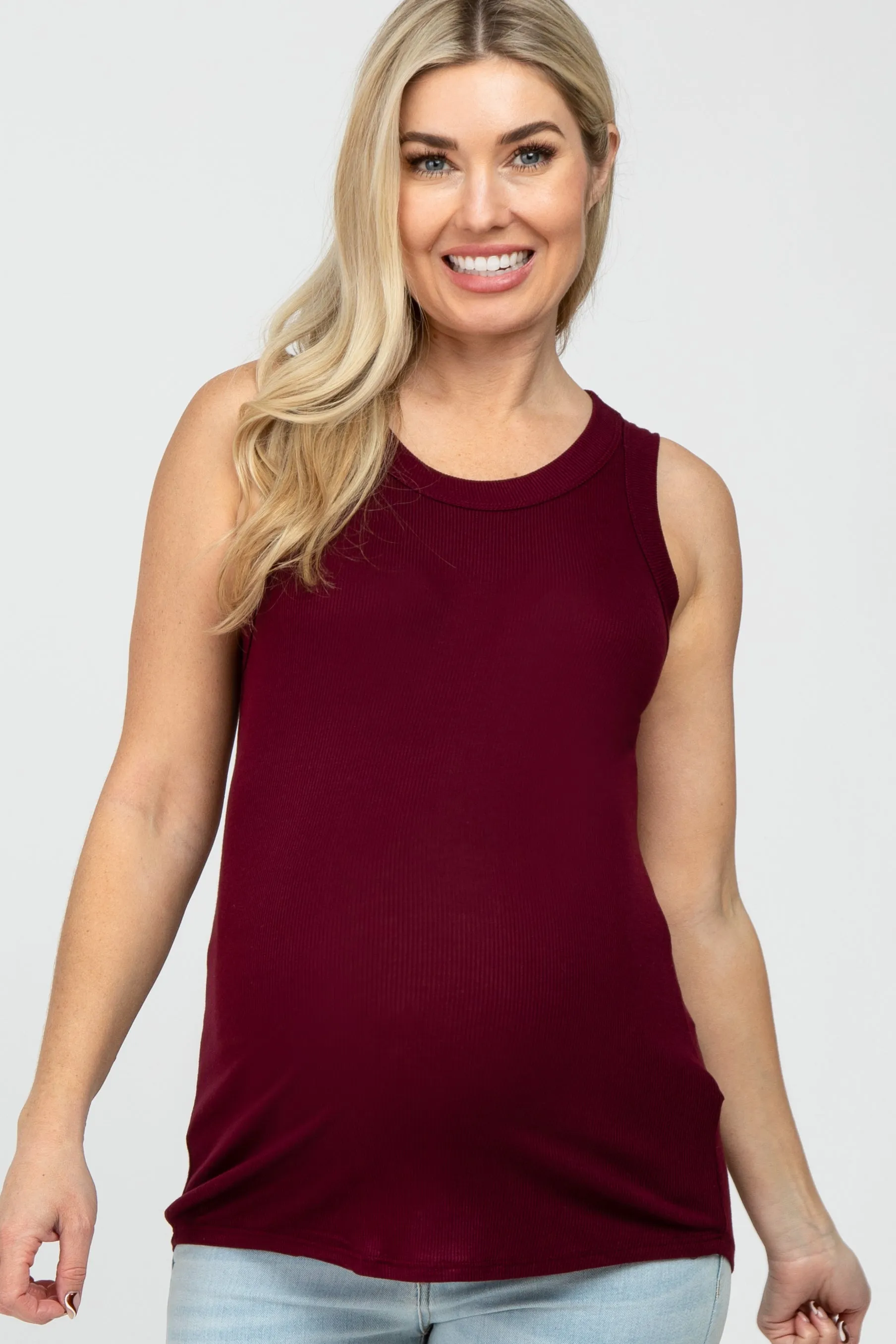 Burgundy Ribbed Sleeveless Maternity Top