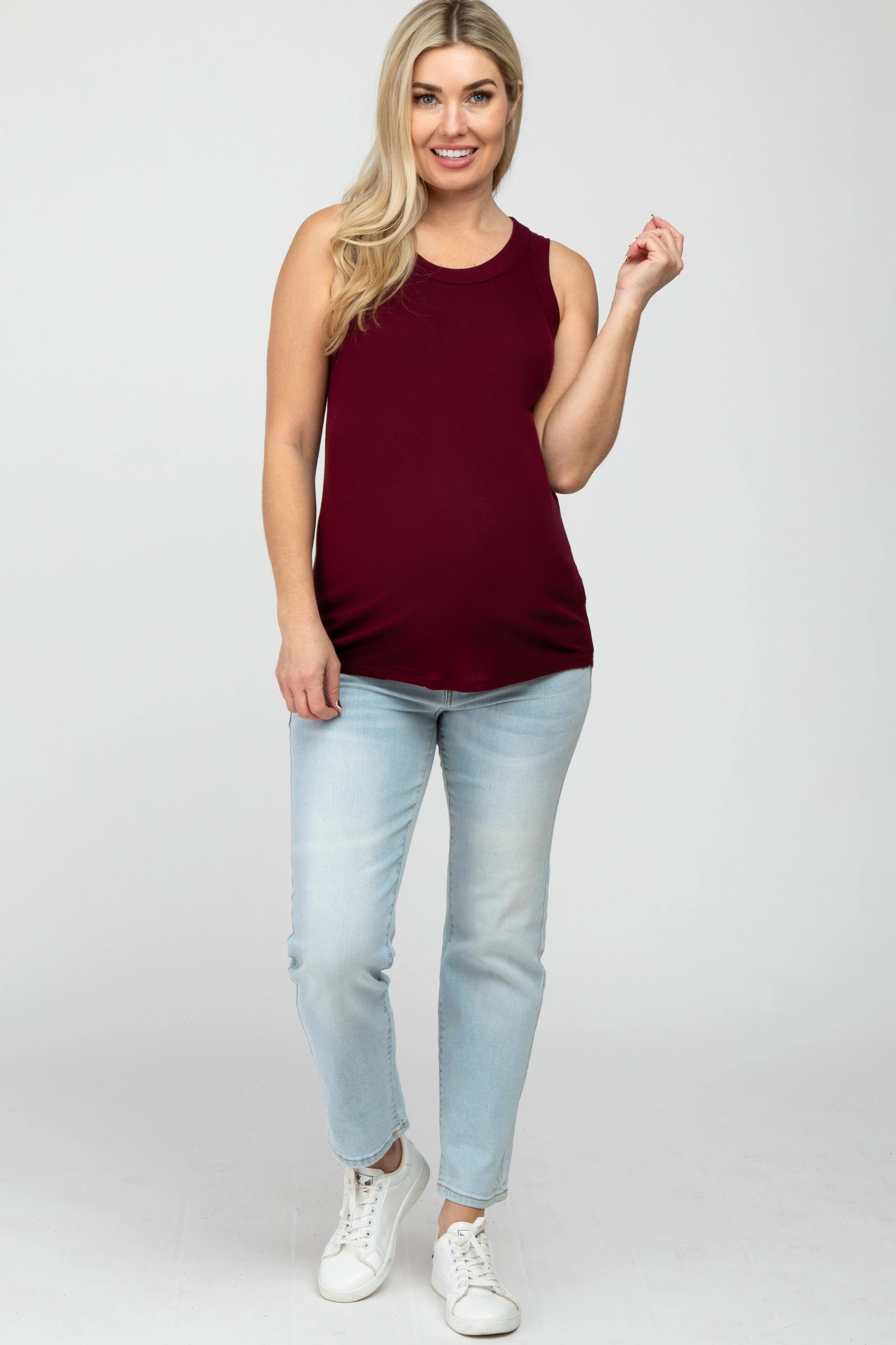 Burgundy Ribbed Sleeveless Maternity Top