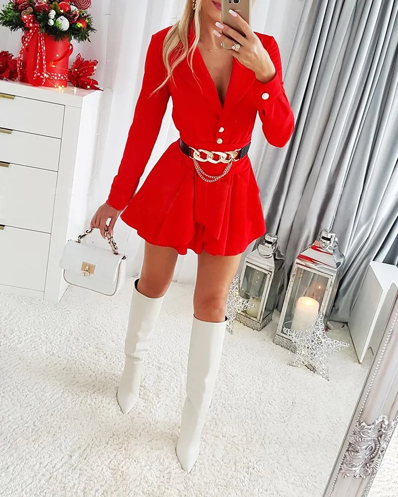 Buttoned Notched Collar Skort Romper