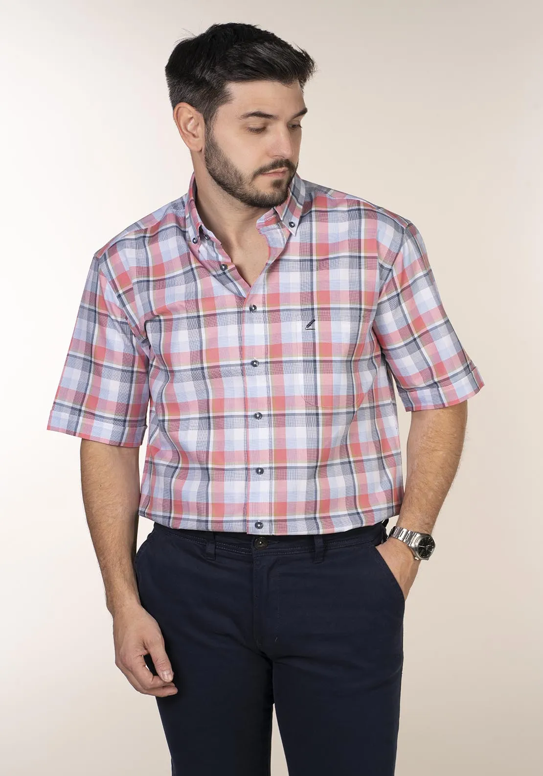 Casual Check Short Sleeve Shirt - Pink