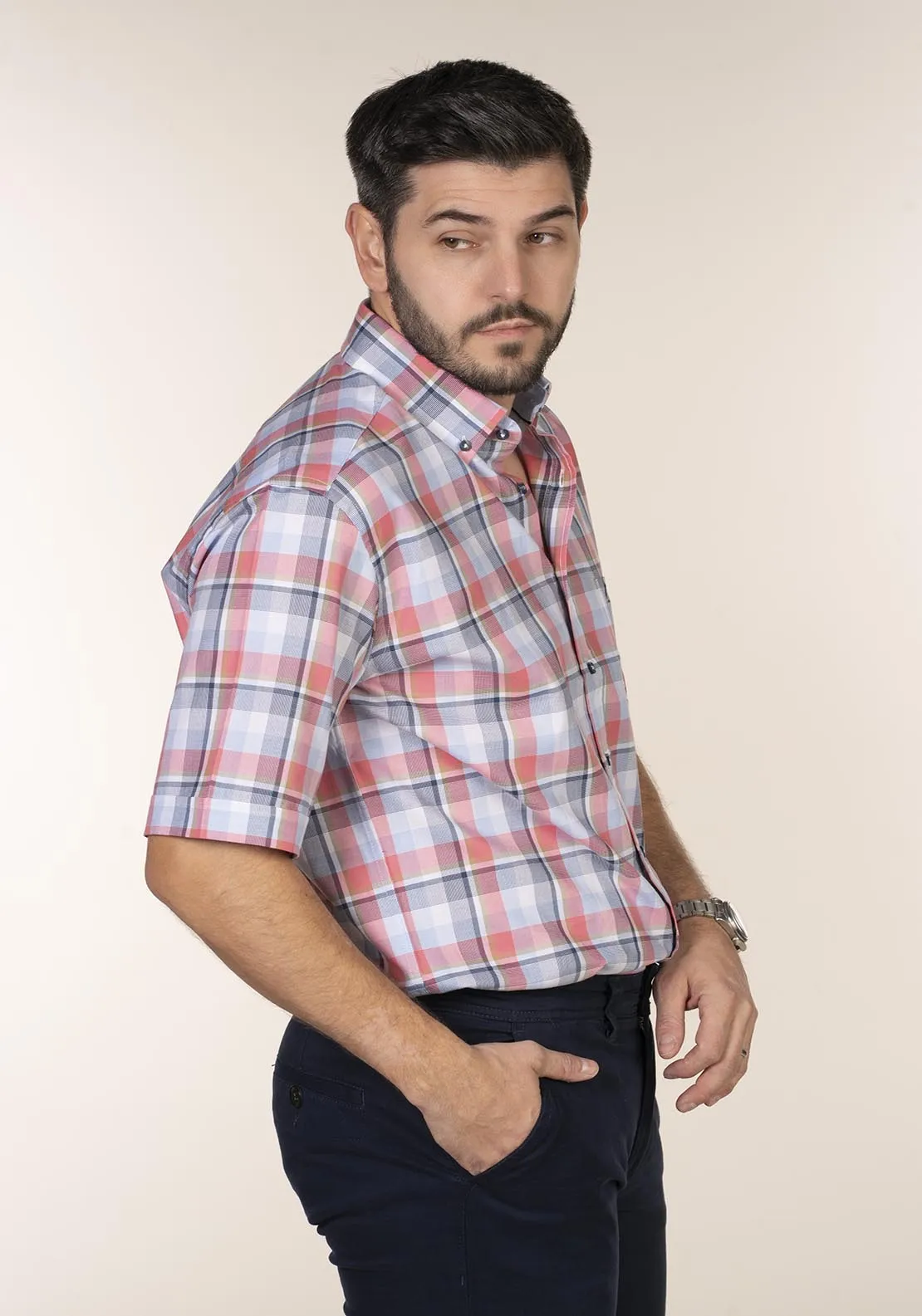 Casual Check Short Sleeve Shirt - Pink