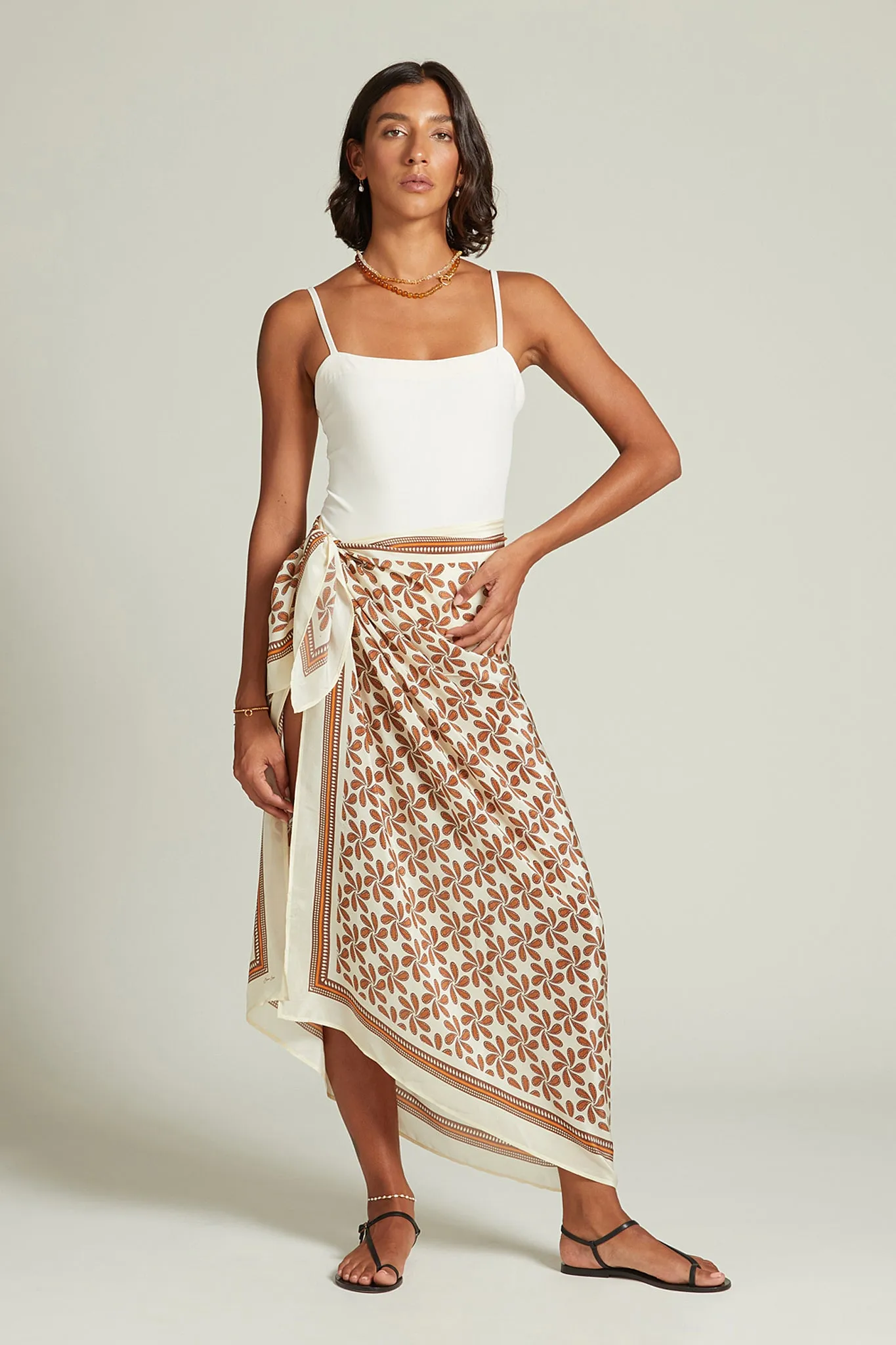 Chan Luu Paisley Plumeria Silk Sarong in Antique White