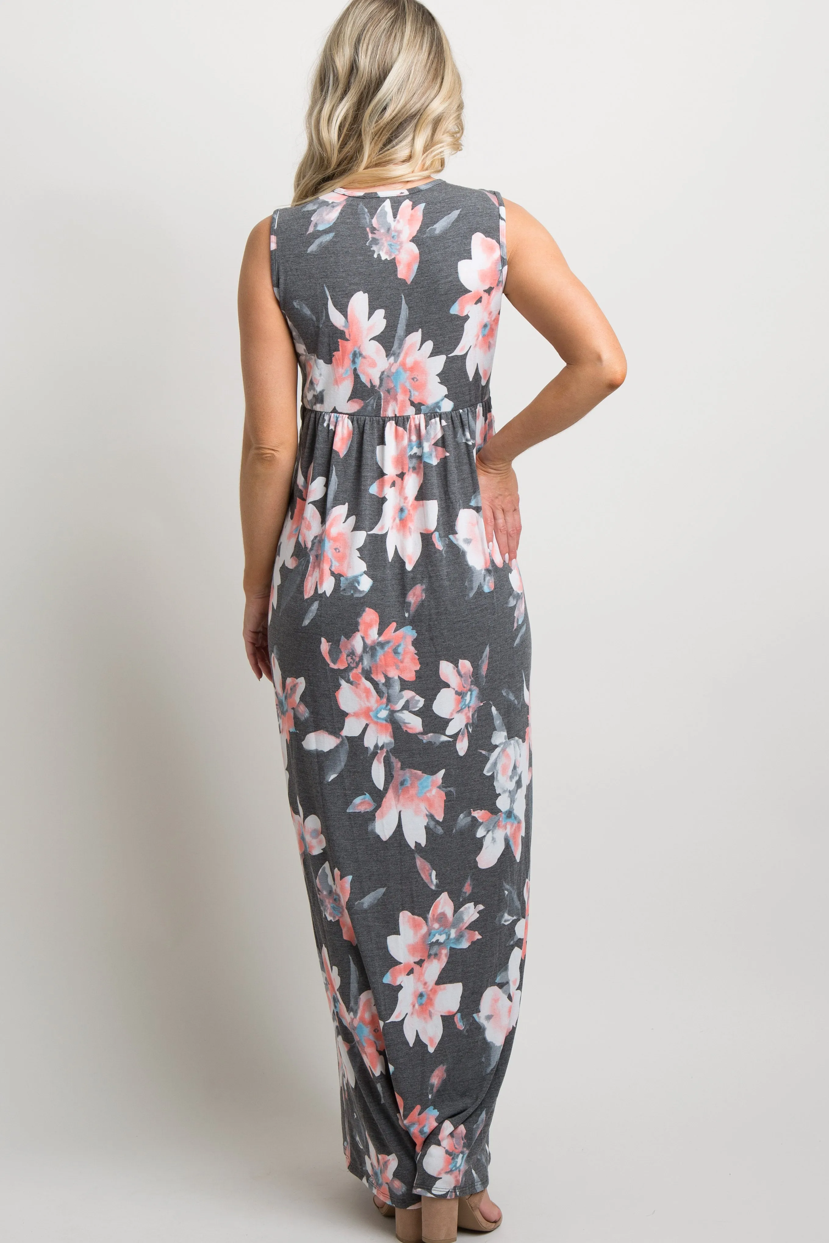 Charcoal Grey Floral Sleeveless Knot Front Maternity Maxi Dress