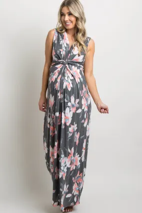 Charcoal Grey Floral Sleeveless Knot Front Maternity Maxi Dress