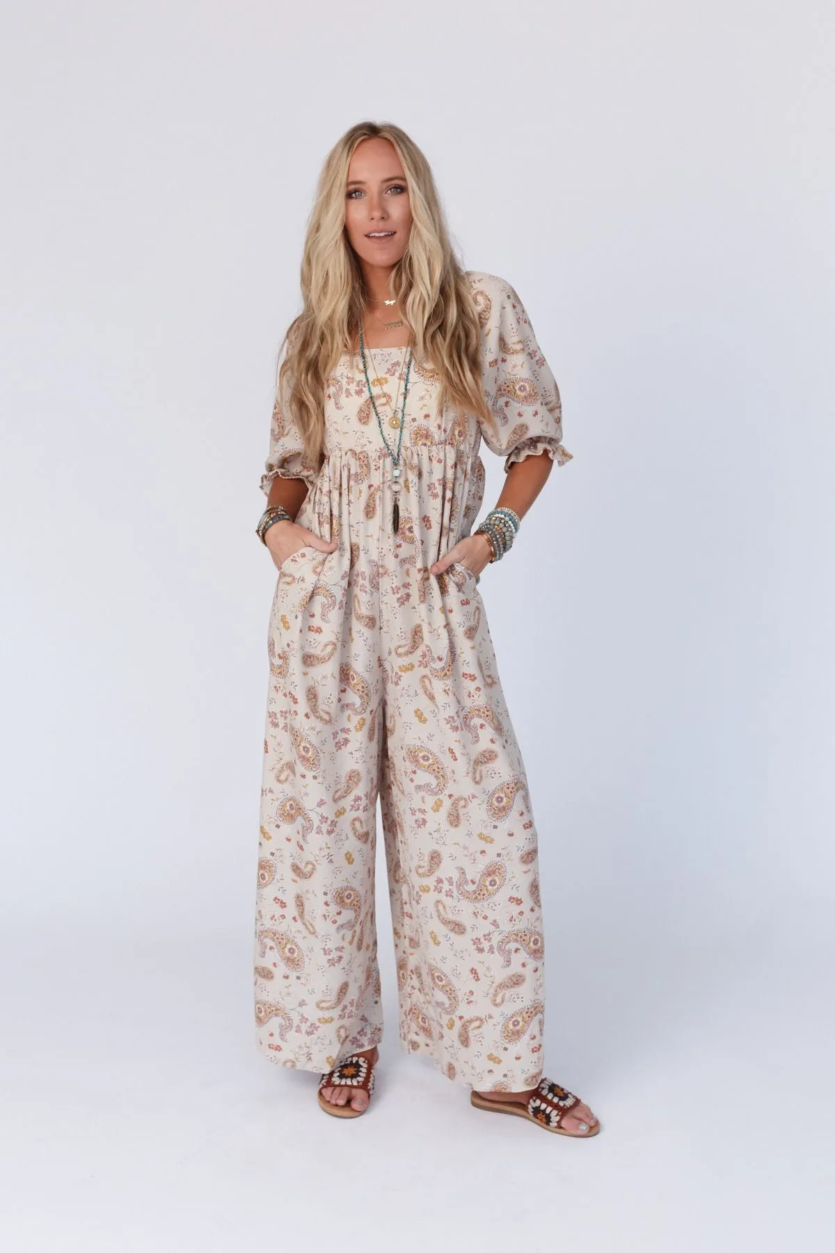 Charlotte Printed Wide Leg Jumpsuit - Nude Paisley