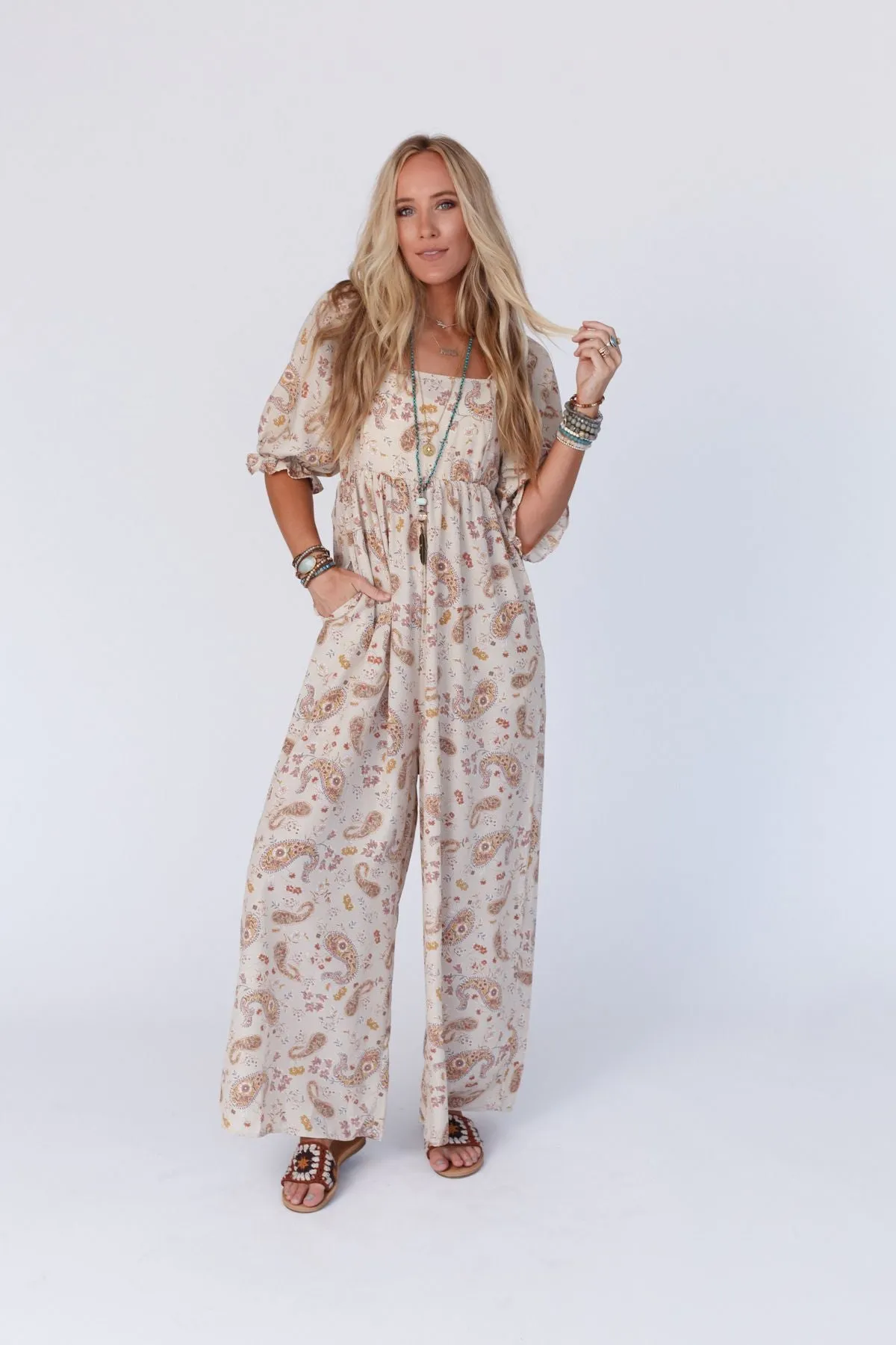 Charlotte Printed Wide Leg Jumpsuit - Nude Paisley