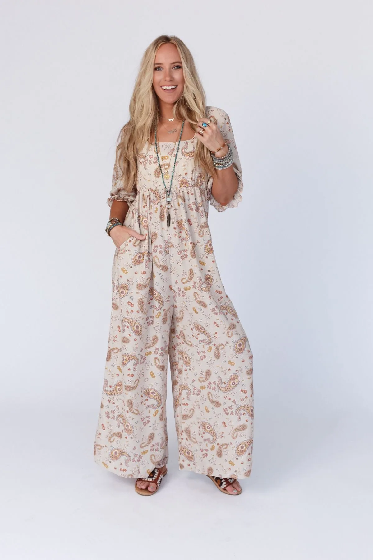 Charlotte Printed Wide Leg Jumpsuit - Nude Paisley