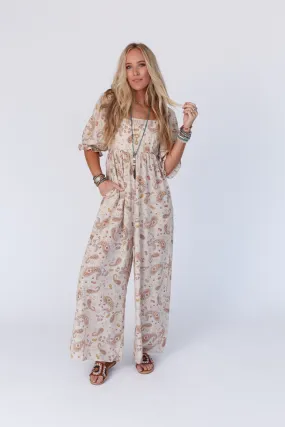 Charlotte Printed Wide Leg Jumpsuit - Nude Paisley