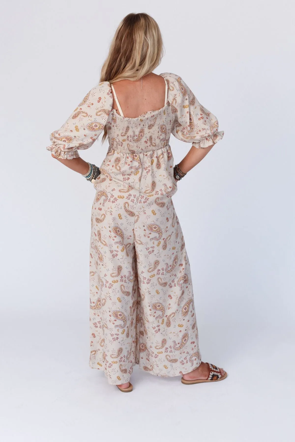 Charlotte Printed Wide Leg Jumpsuit - Nude Paisley