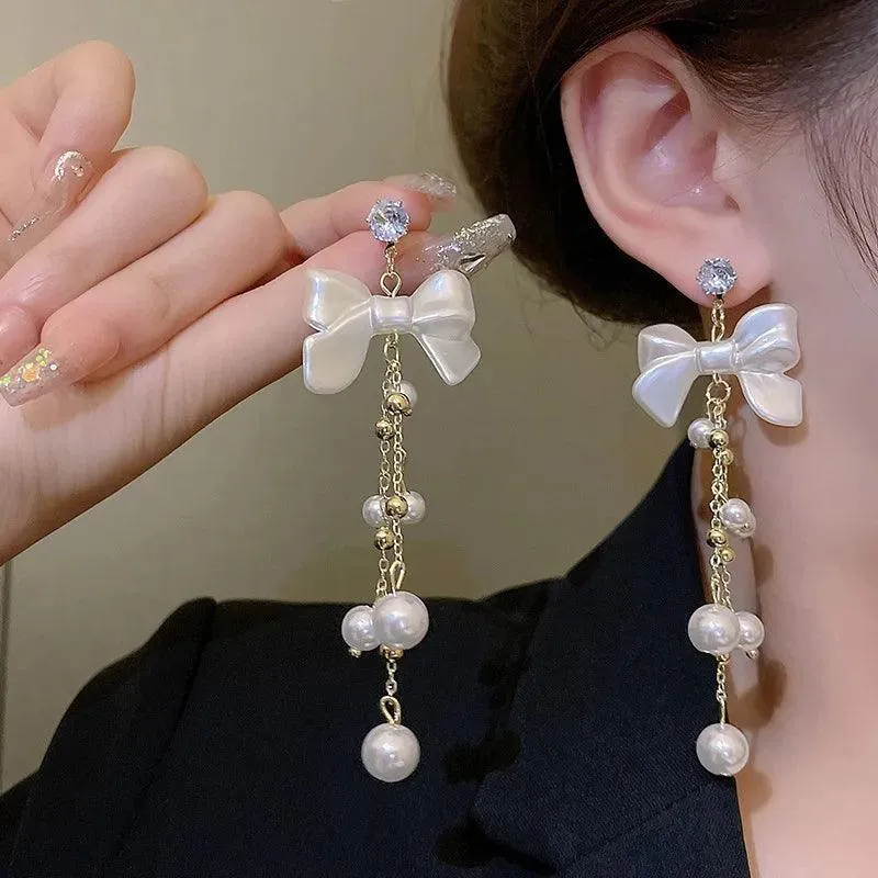 Charming RV128 Sweet Pearl Fresh Drop Earrings: Fashionable Bowknot Dangle Jewelry