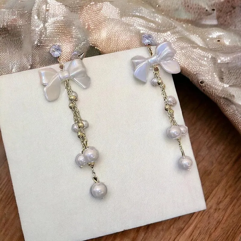 Charming RV128 Sweet Pearl Fresh Drop Earrings: Fashionable Bowknot Dangle Jewelry