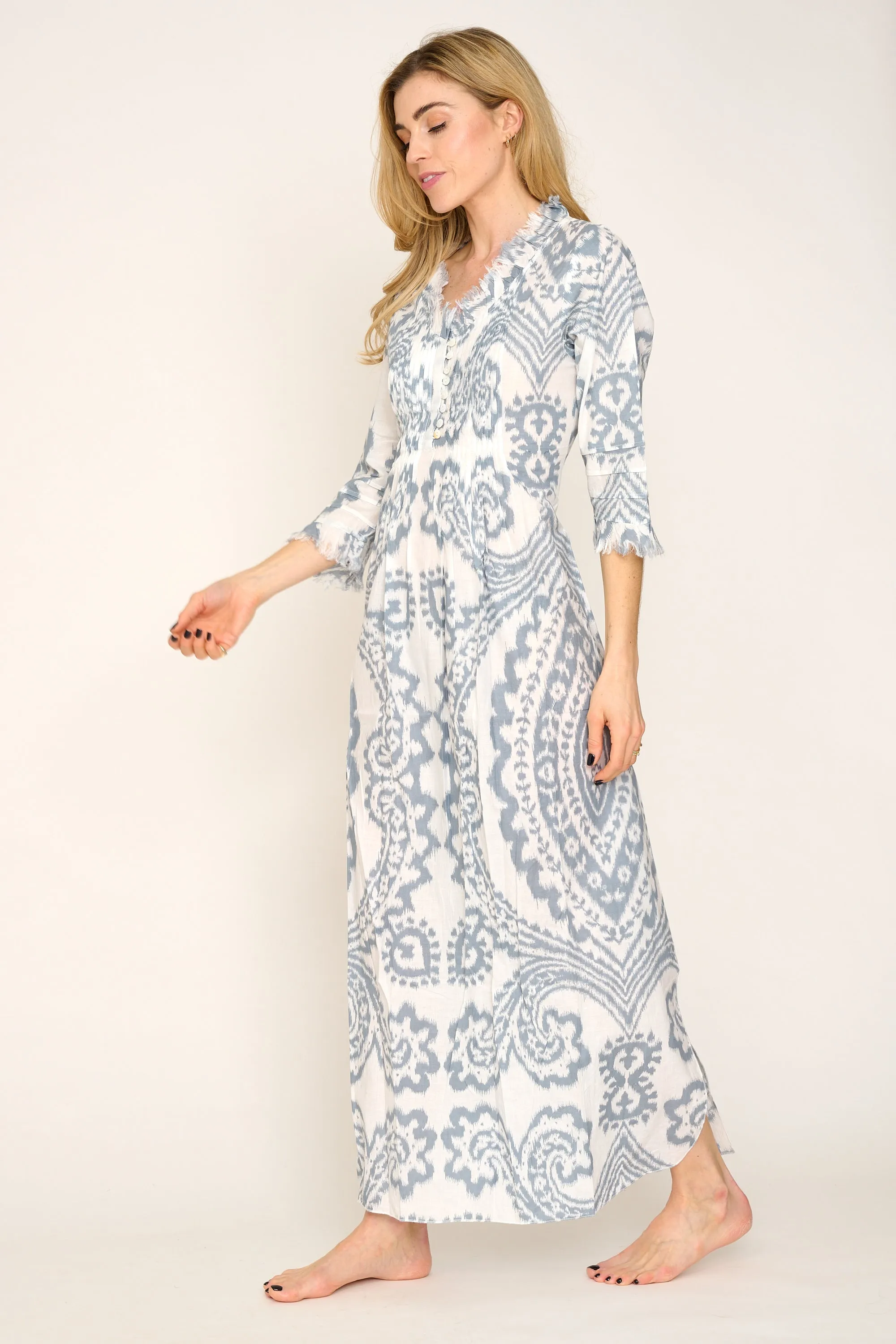 Cotton Annabel Maxi Dress in Grey & White Ikat