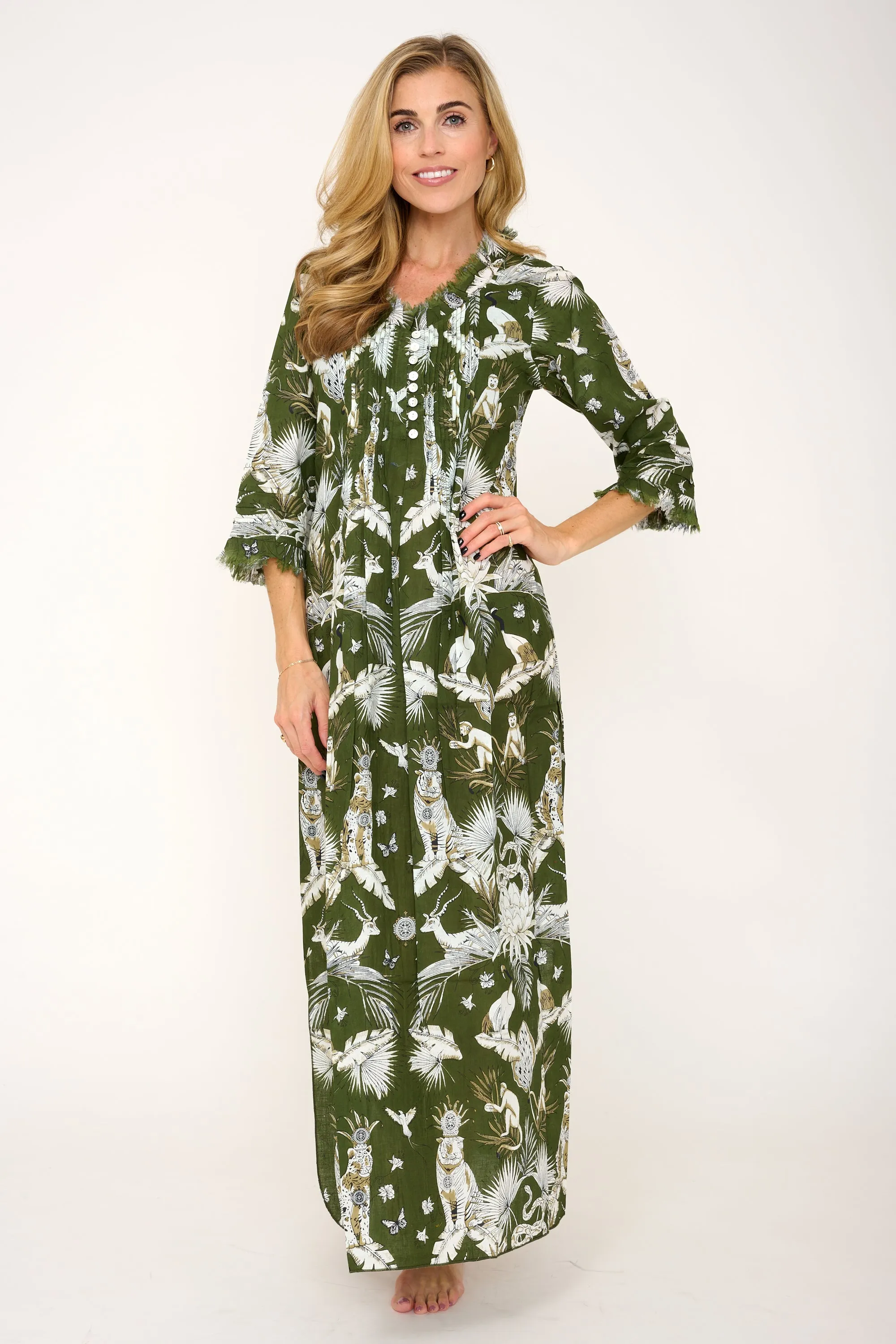 Cotton Annabel Maxi Dress in Olive Green Tropical