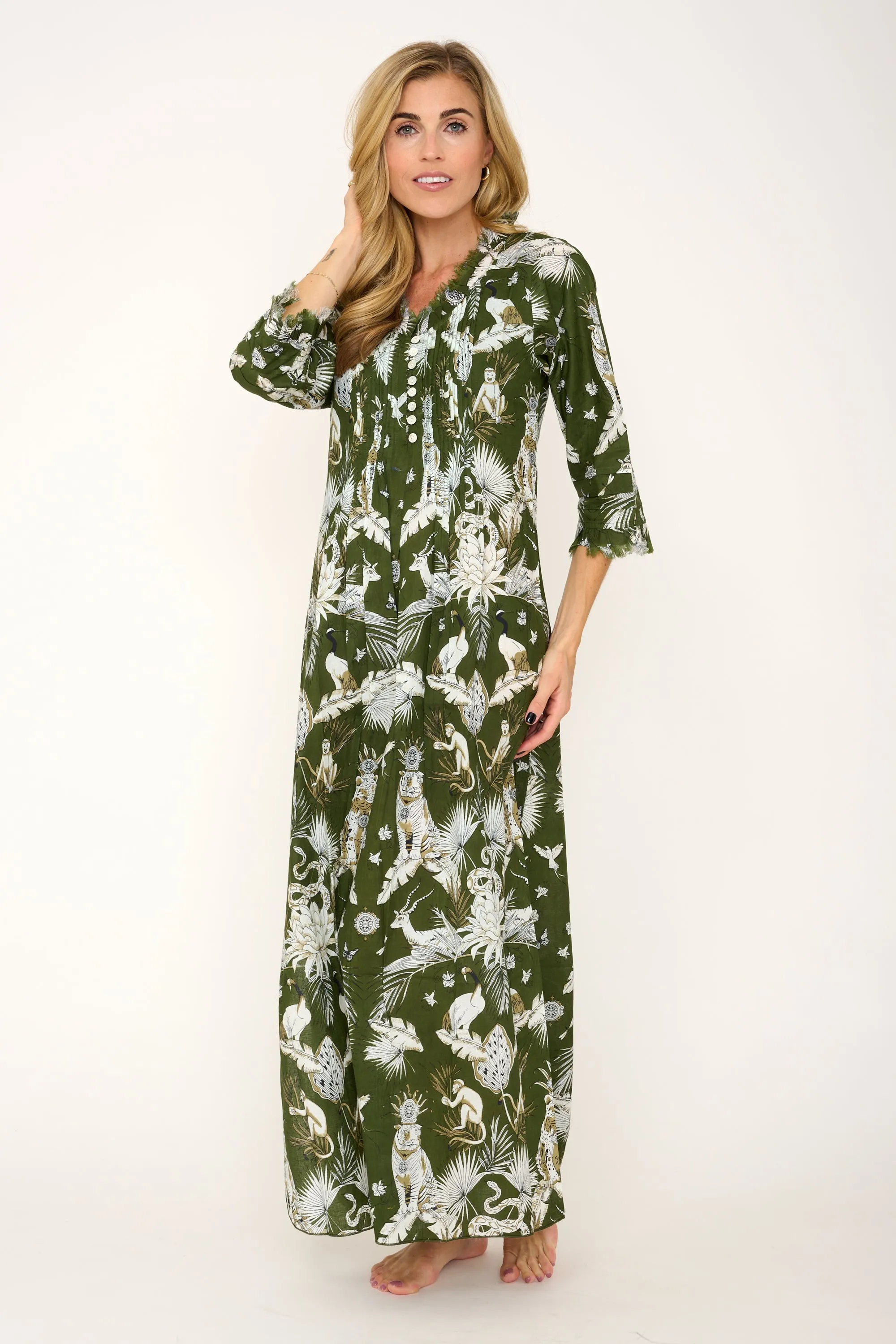 Cotton Annabel Maxi Dress in Olive Green Tropical