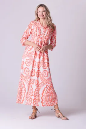 Cotton Annabel Maxi Dress in Orange & White Ikat