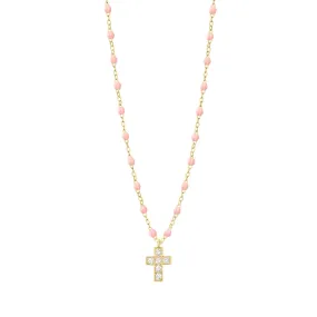 Cross Charm Classic Gigi Baby Pink diamond necklace, Yellow Gold, 16.5"