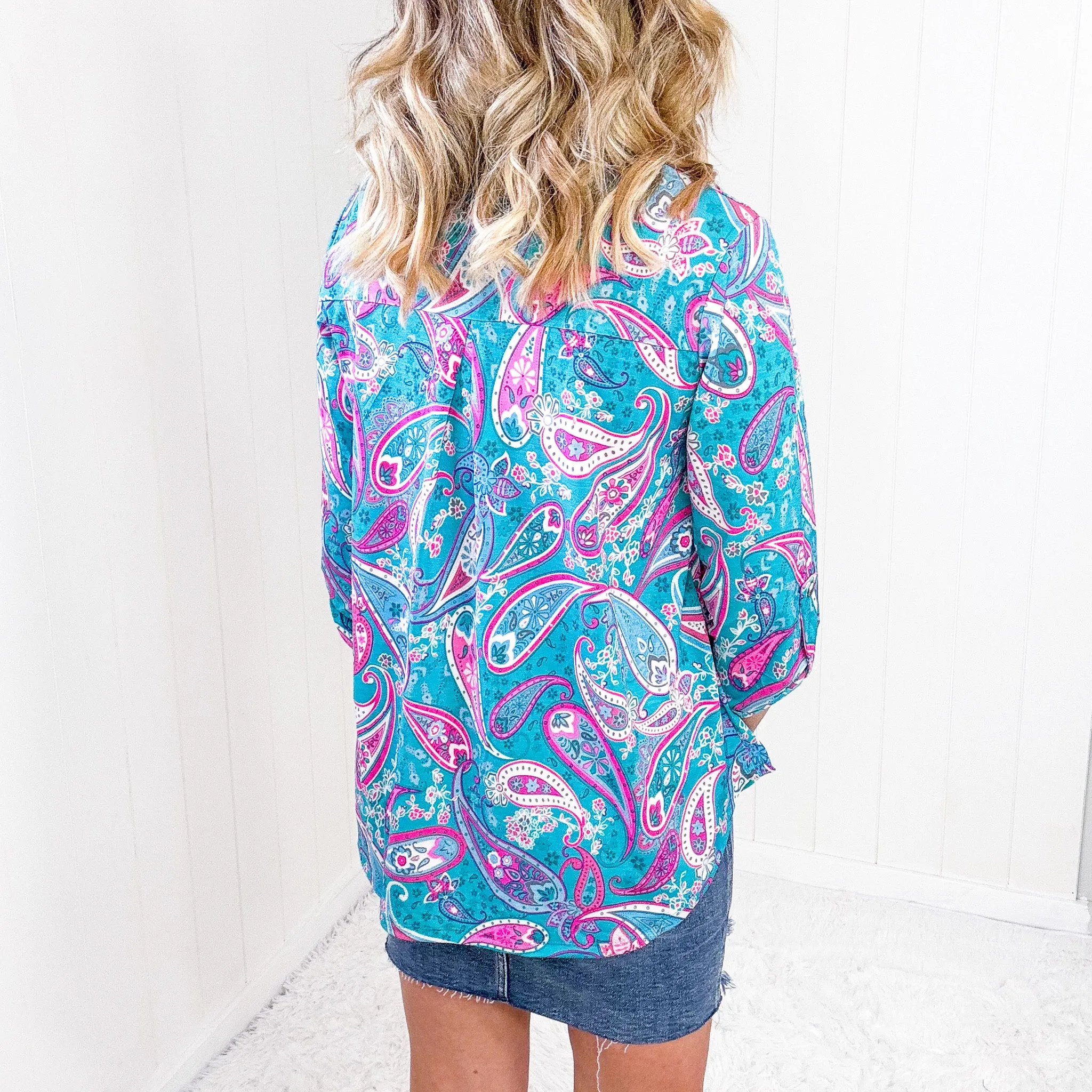 Dear Scarlett Lizzy Top in Aqua Blue and Pink Paisley