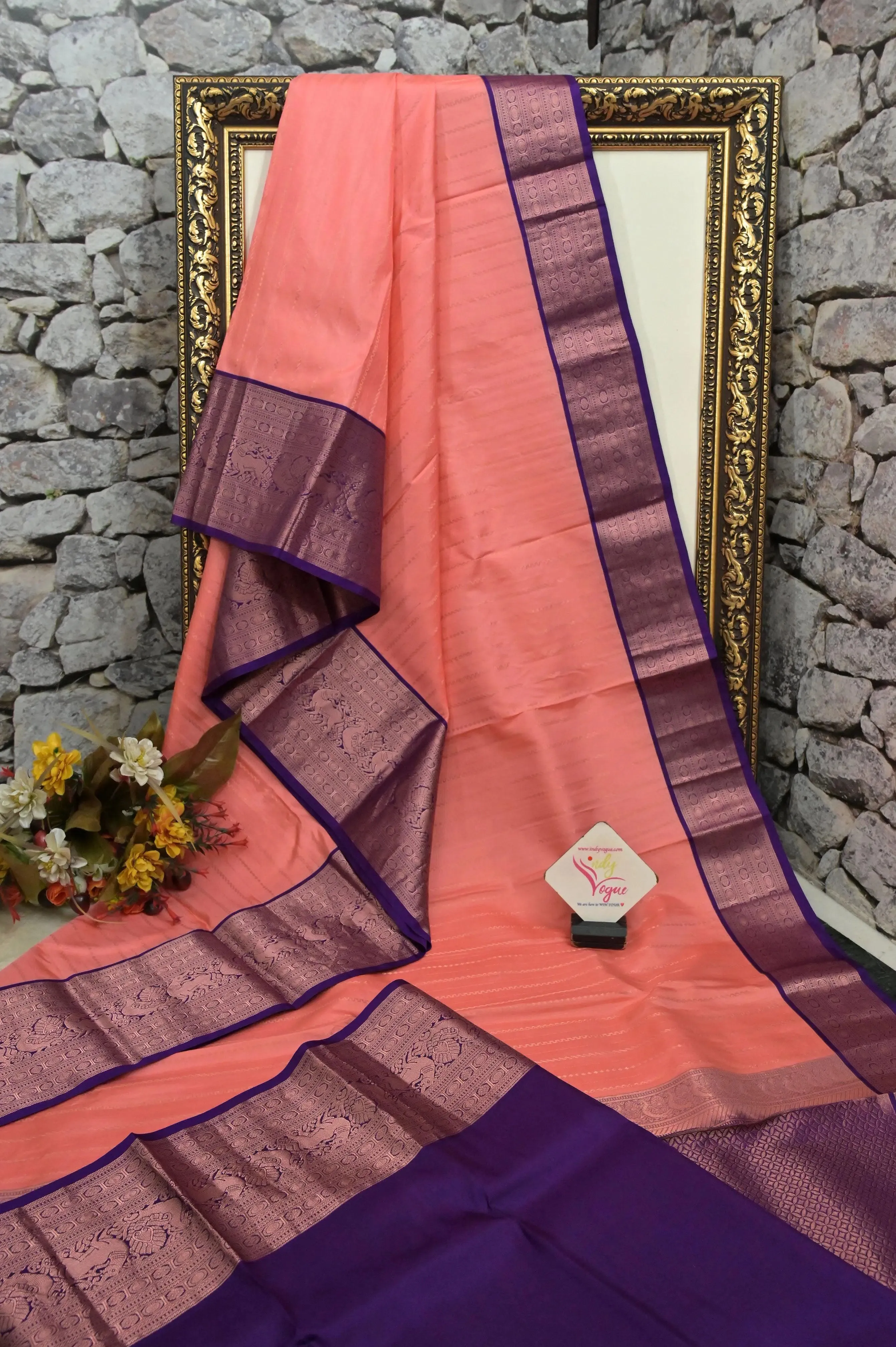 Deep Peach Color Kanjeevaram SilK Saree