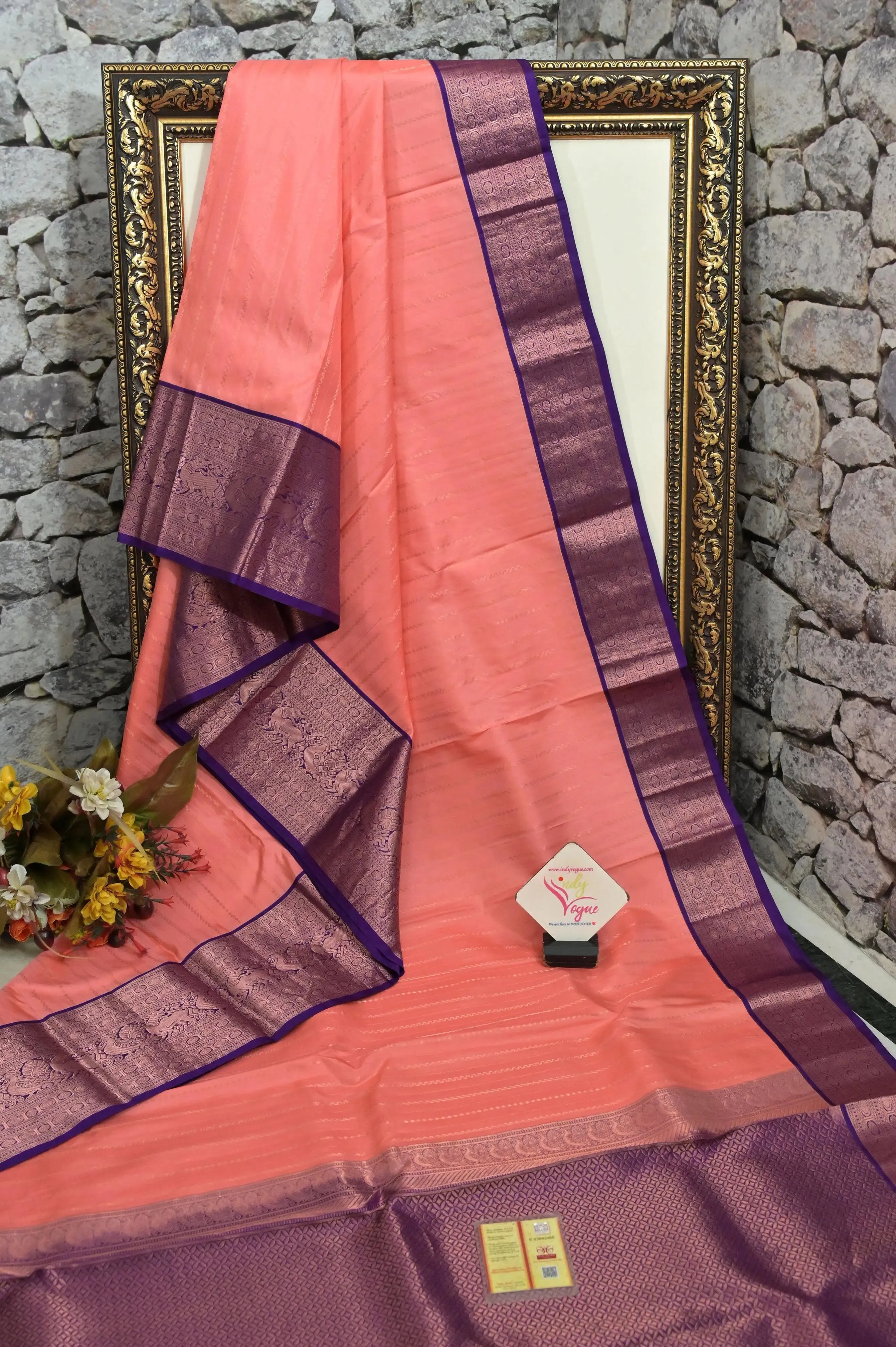 Deep Peach Color Kanjeevaram SilK Saree