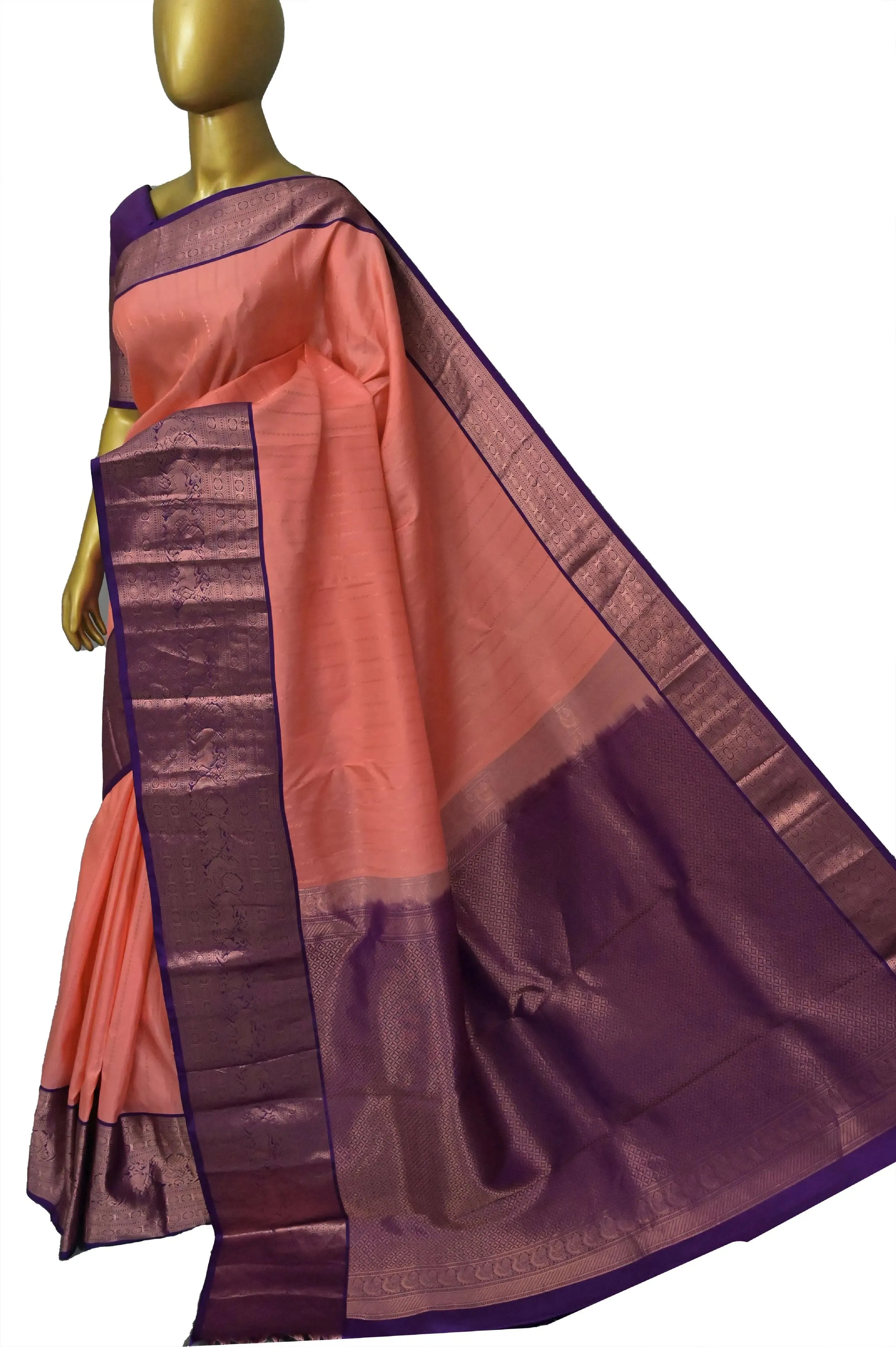 Deep Peach Color Kanjeevaram SilK Saree