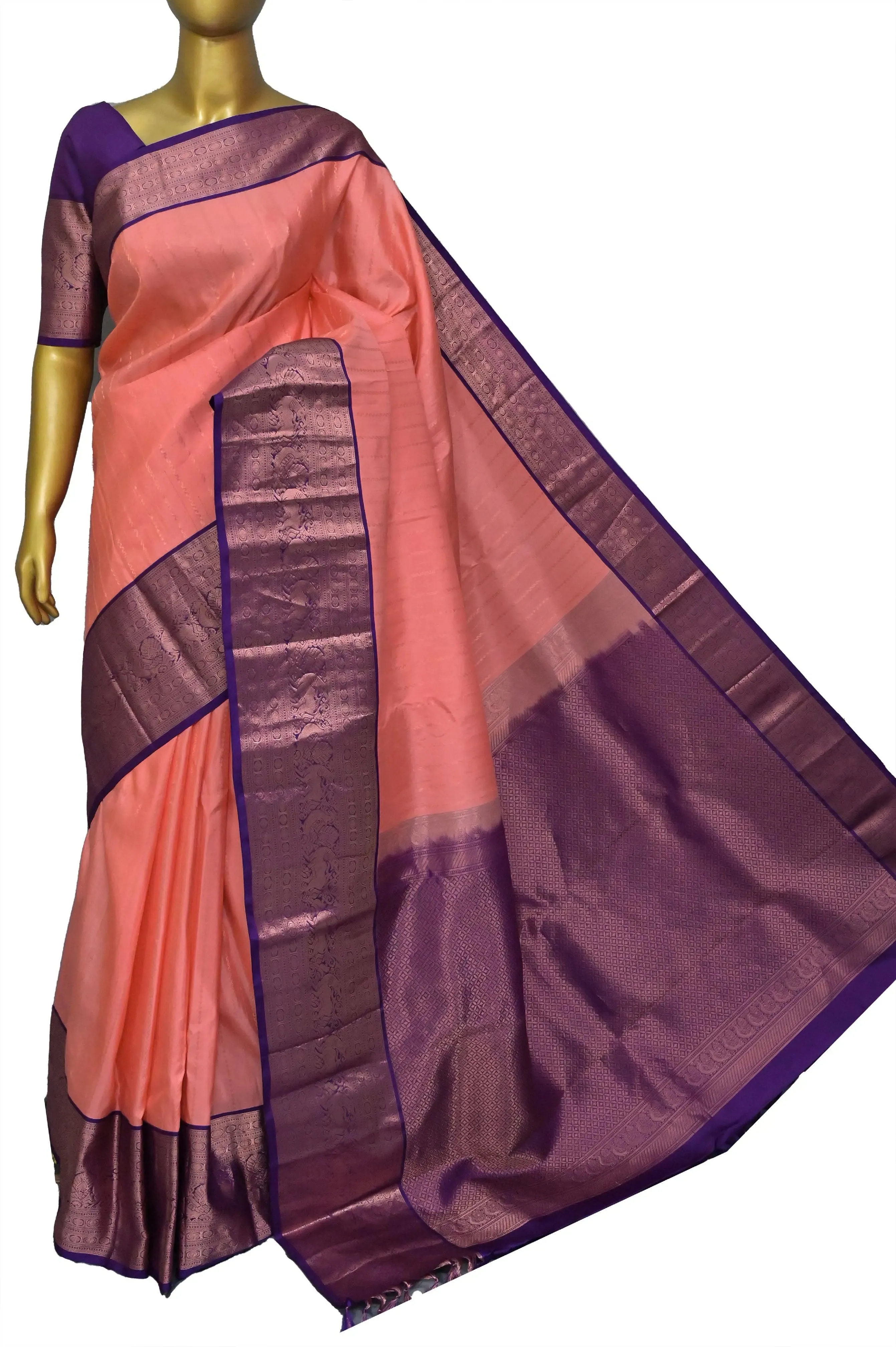 Deep Peach Color Kanjeevaram SilK Saree