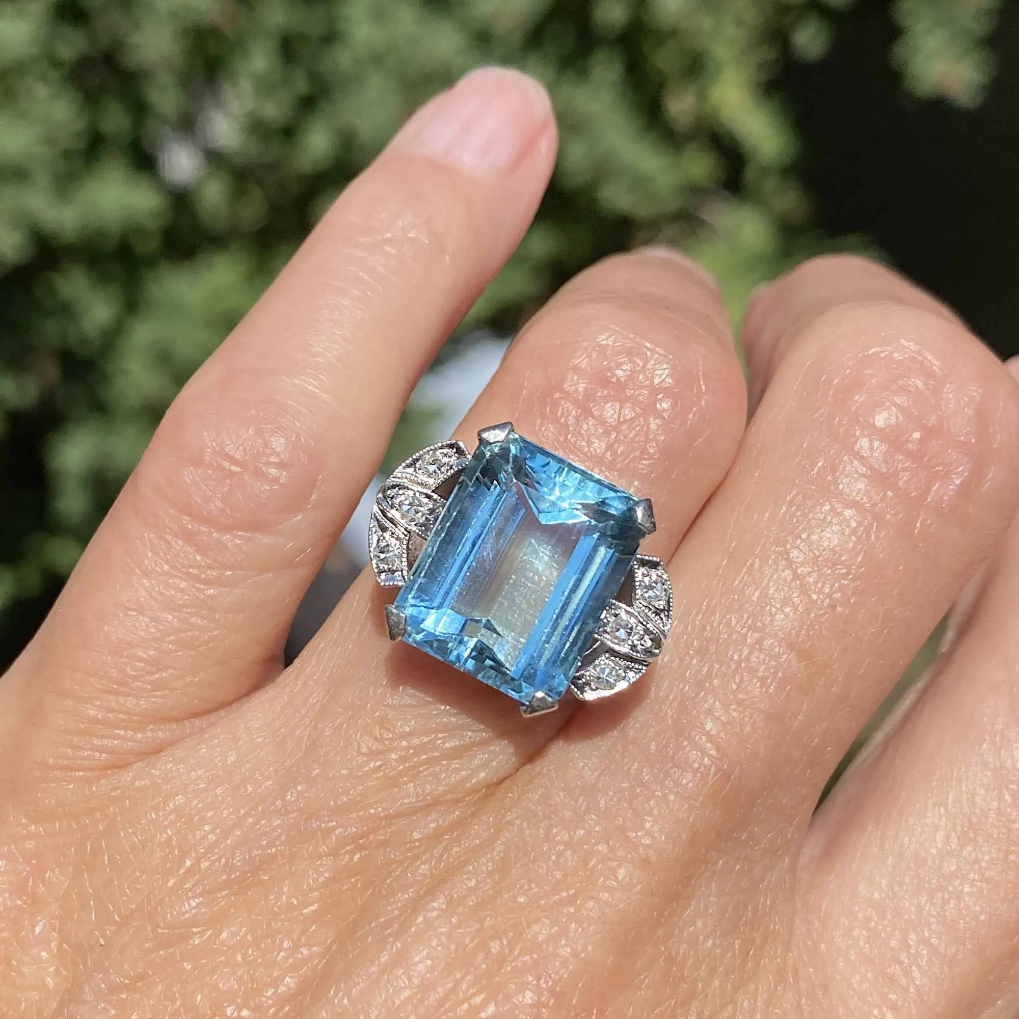 DEPOSIT Art Deco Platinum Diamond Aquamarine Ring