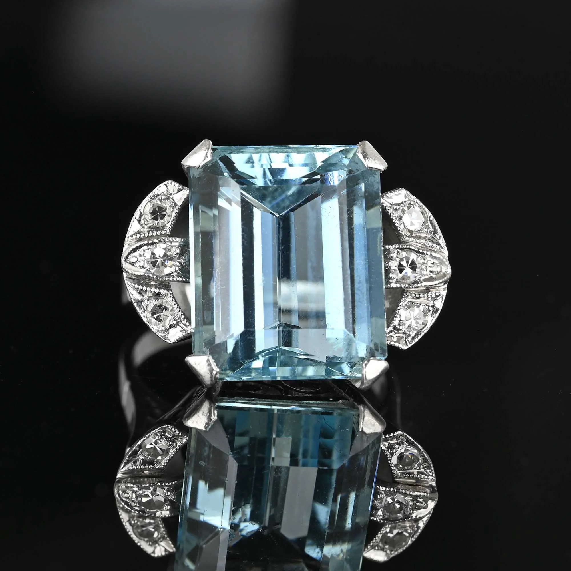 DEPOSIT Art Deco Platinum Diamond Aquamarine Ring