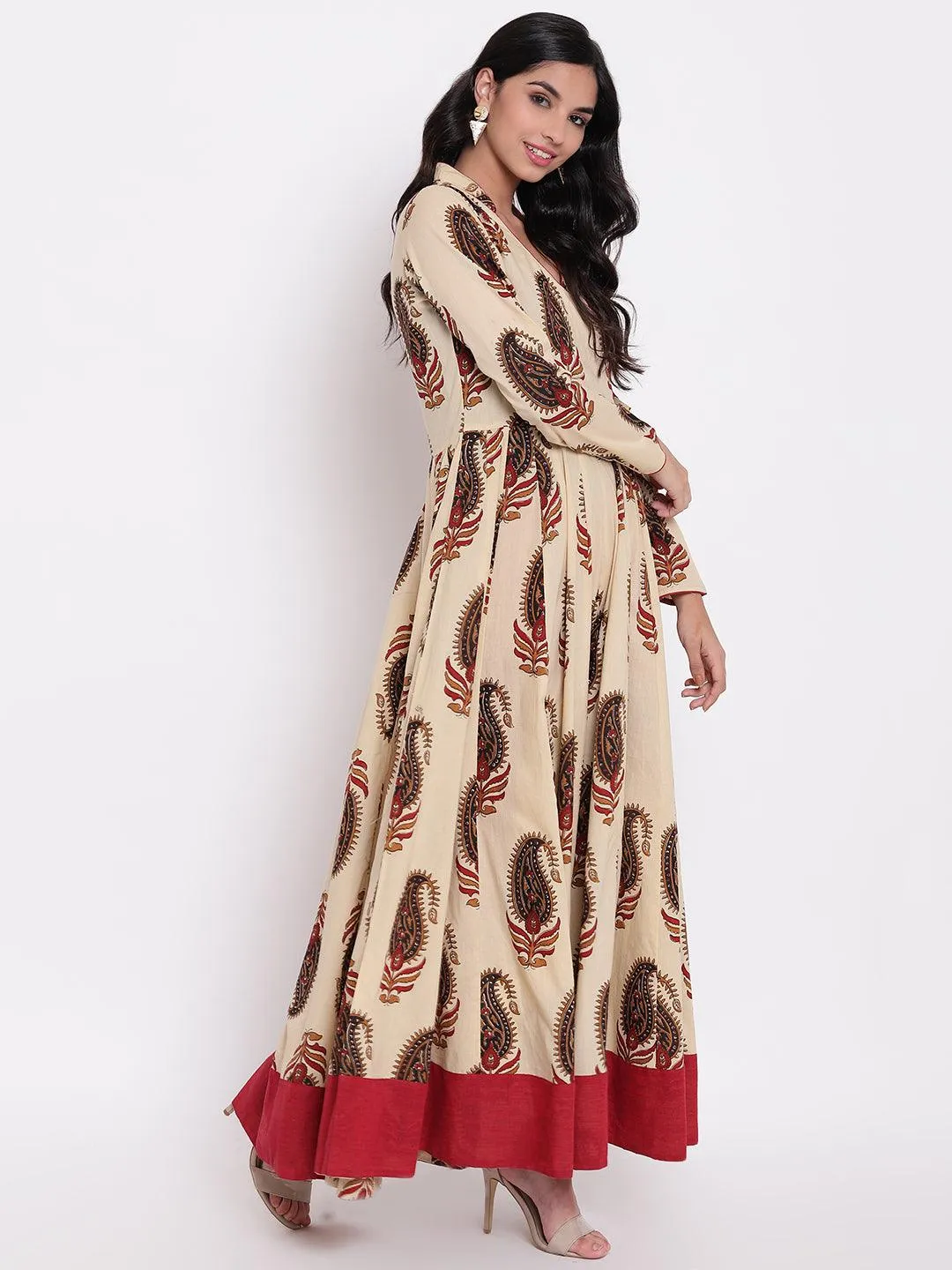 Divena Cream Floor Length Cotton Anarkali Kurti