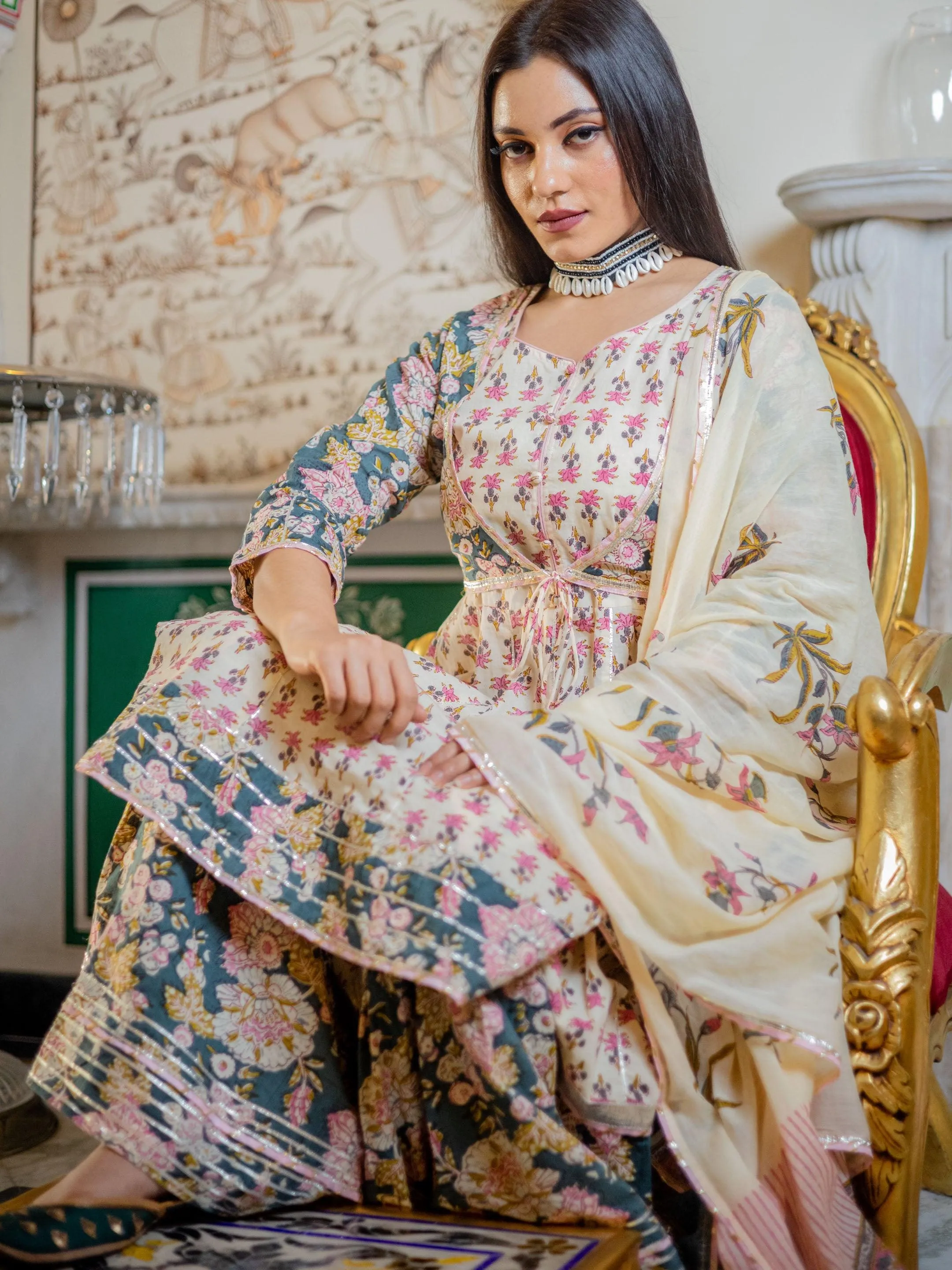 Divena Cream Floral Printed Kurta Sharara With Dupatta Set