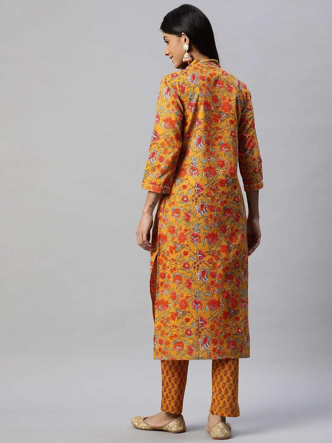 Divena Mustard Cotton Floral Printed Kurta Pant Set