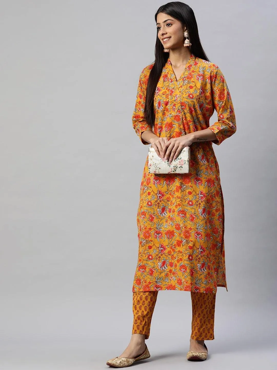 Divena Mustard Cotton Floral Printed Kurta Pant Set