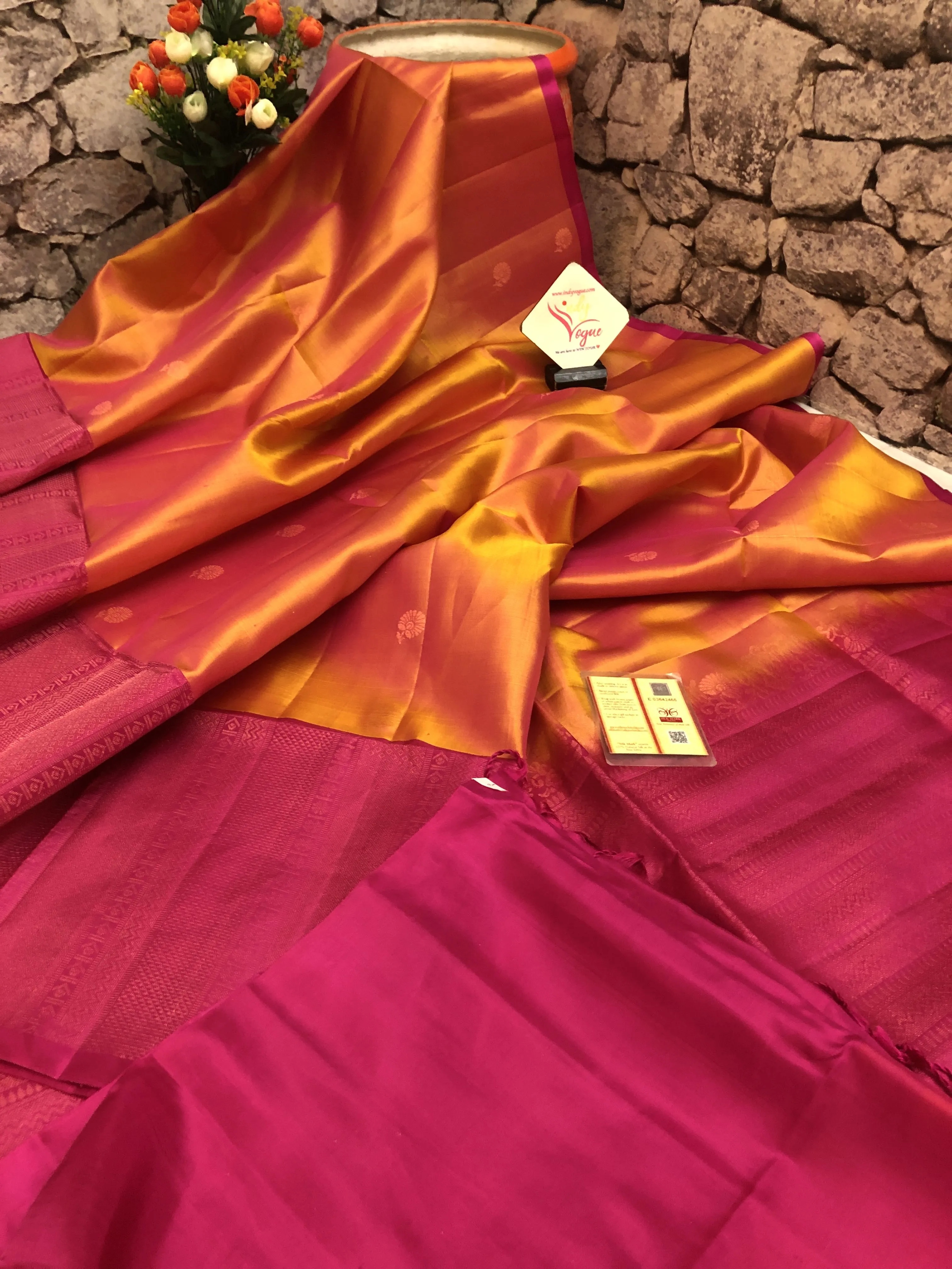 Dual Tone Golden orange Color Pure Kanchipuram Soft Silk Saree