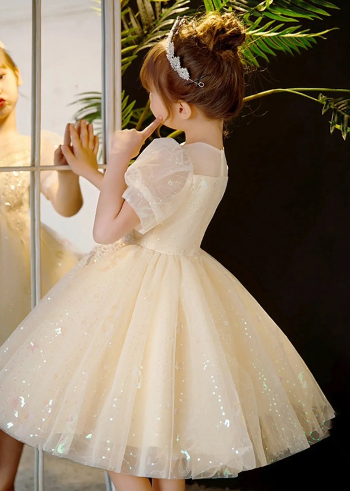 Elegant Champagne Sequins Patchwork Nail Bead Tulle Kids Mid Dress Summer XZ035