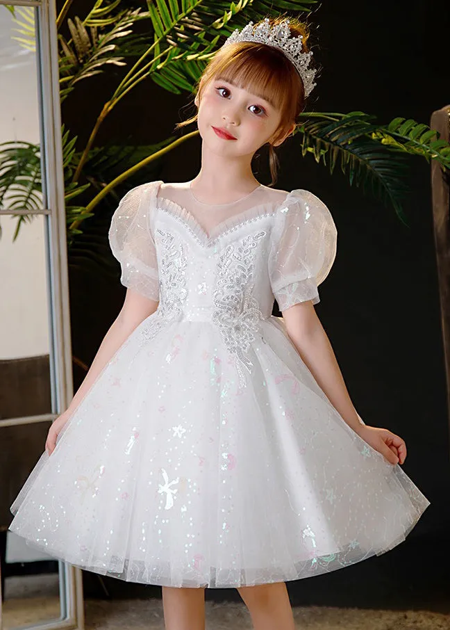 Elegant Champagne Sequins Patchwork Nail Bead Tulle Kids Mid Dress Summer XZ035