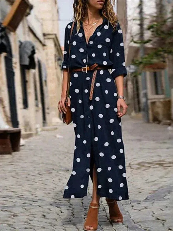 Elegant Collared Maxi Dress with Polka Dot Print for Women