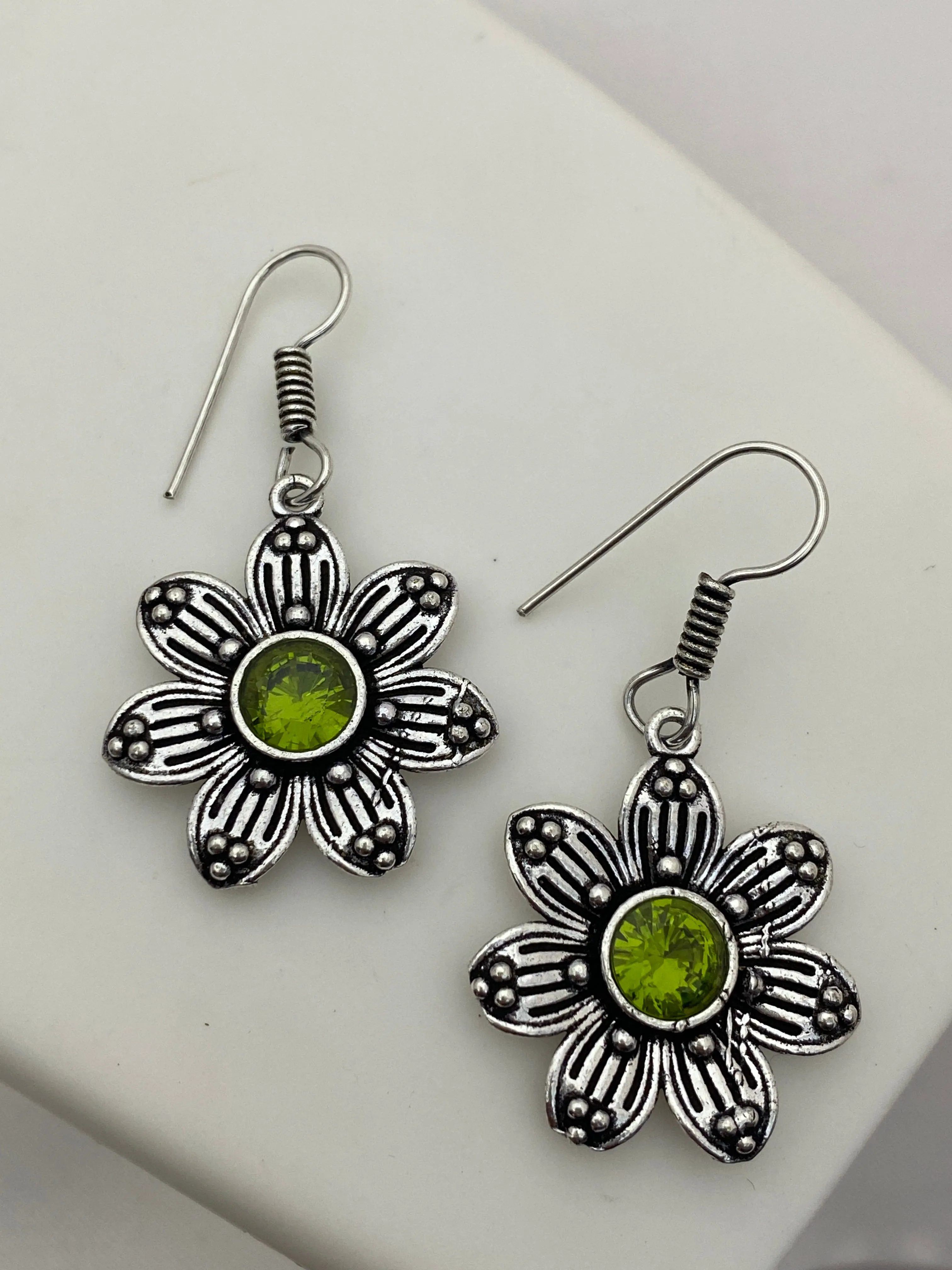 Elegant Green Color Flower Design Oxidized Earrings For Women