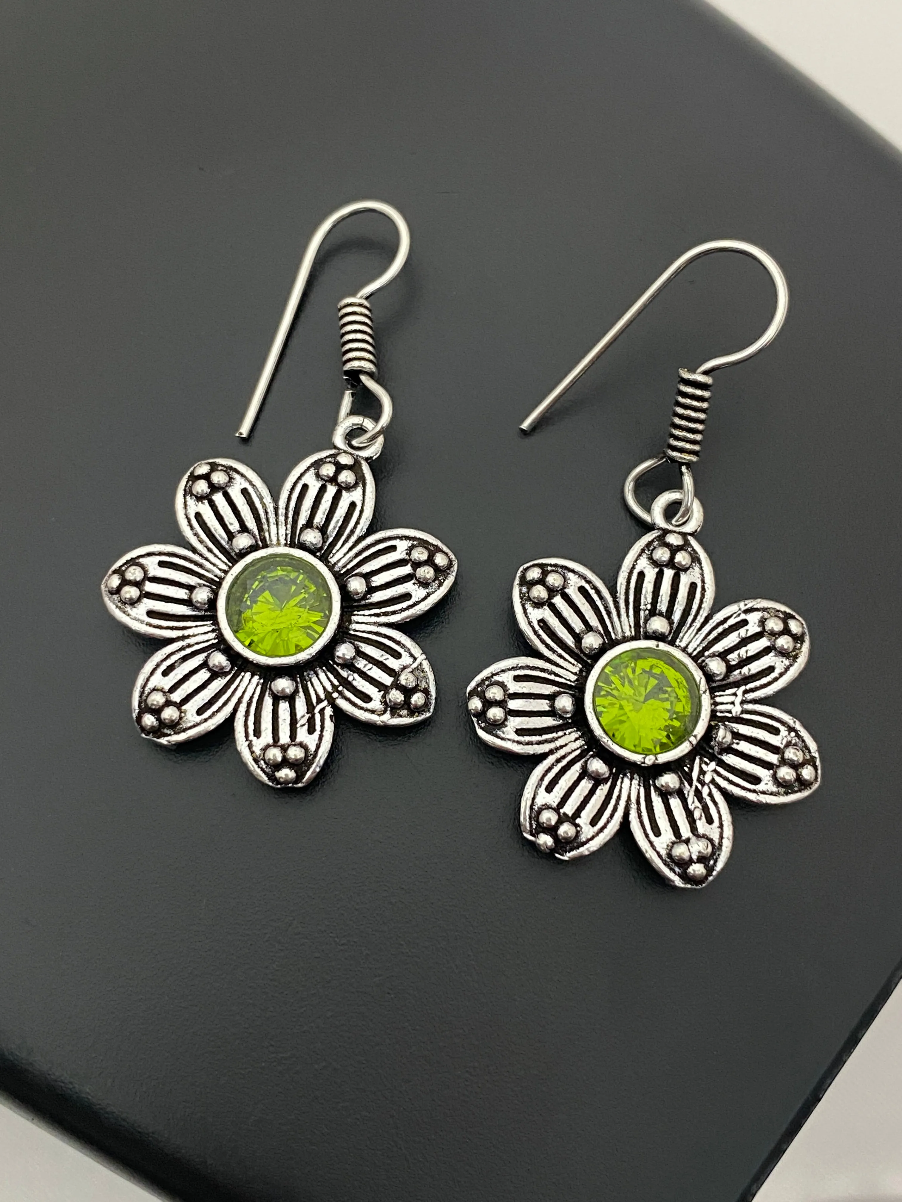 Elegant Green Color Flower Design Oxidized Earrings For Women