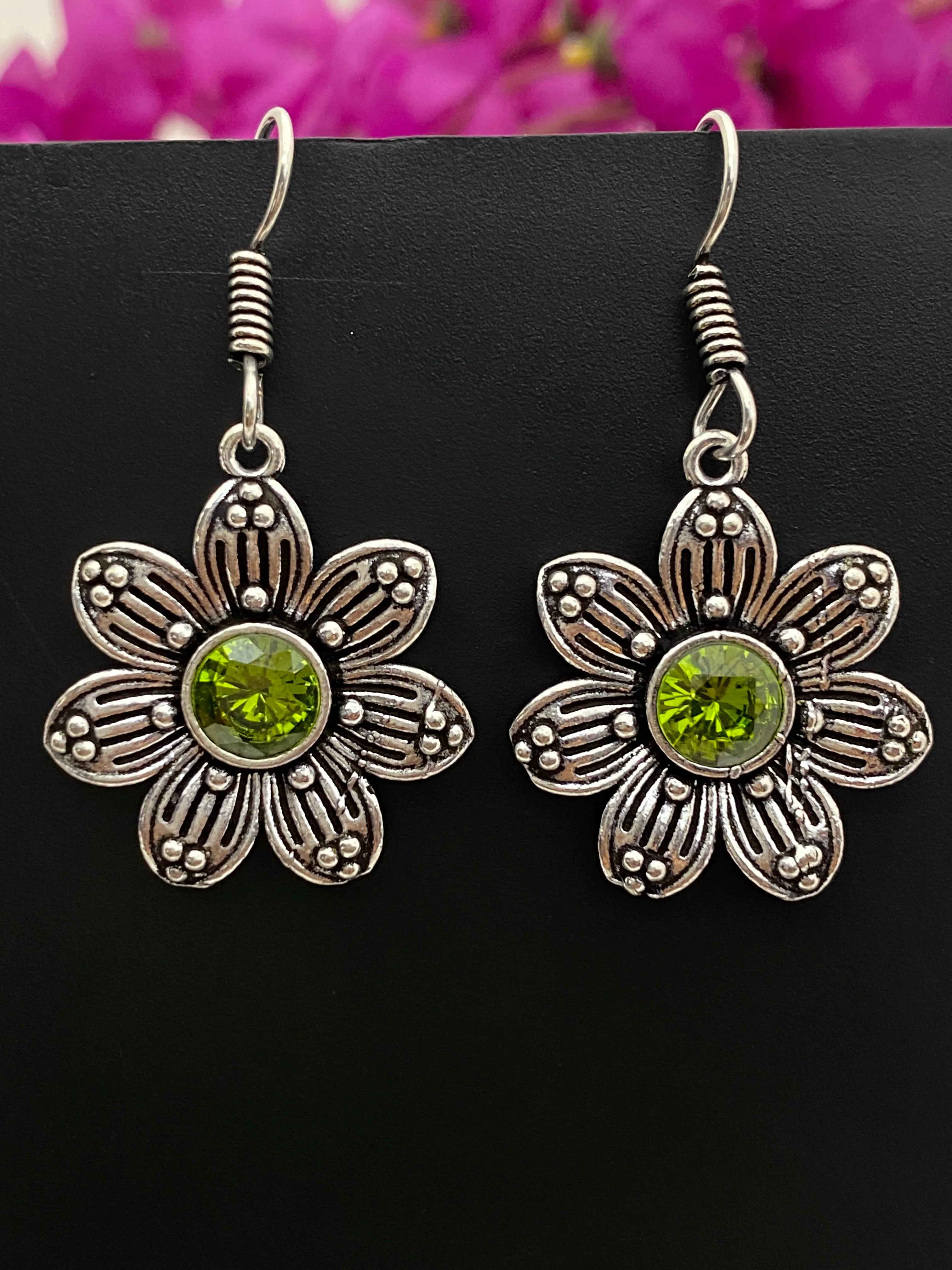 Elegant Green Color Flower Design Oxidized Earrings For Women