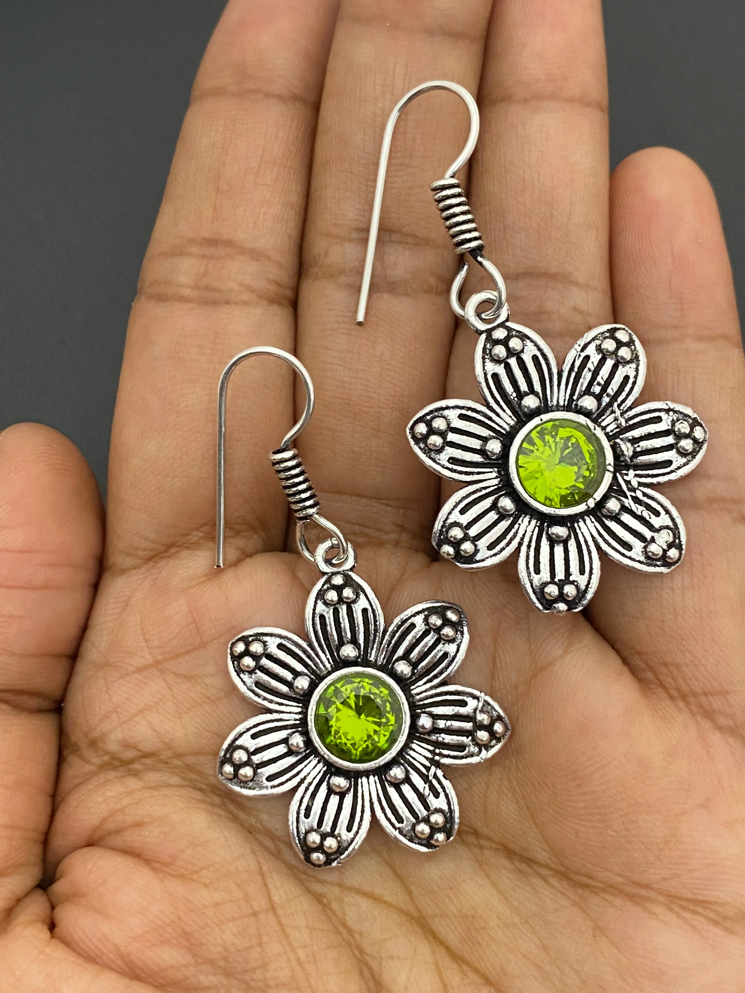 Elegant Green Color Flower Design Oxidized Earrings For Women