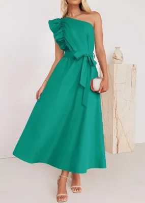 Elegant Green Ruffled Tie Waist Cotton Long Dress Summer BB059