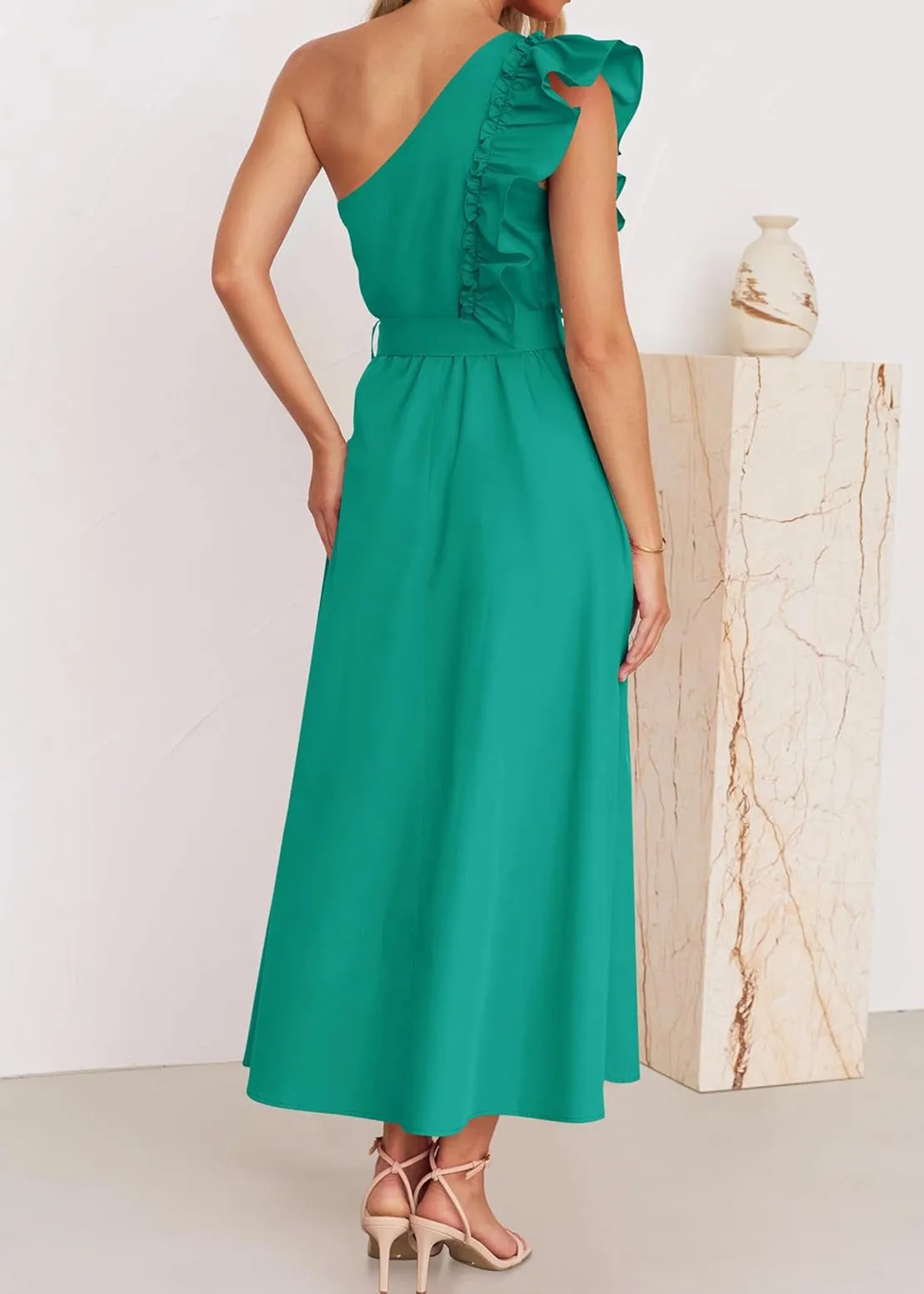 Elegant Green Ruffled Tie Waist Cotton Long Dress Summer BB059