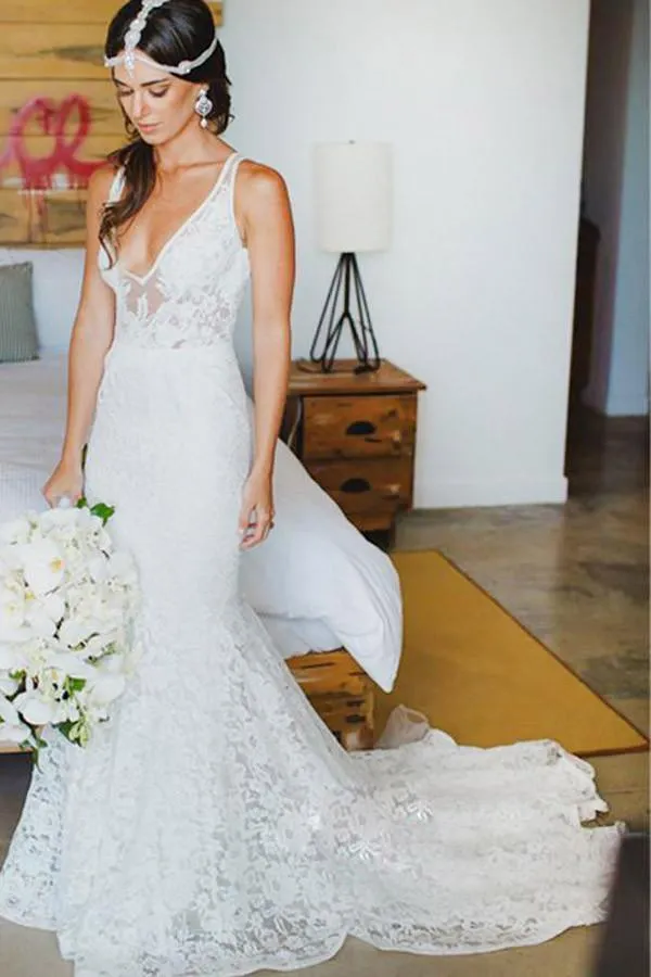 Elegant Mermaid Lace V-neck Court Train Ivory Sleeveless Beach Wedding Dresses