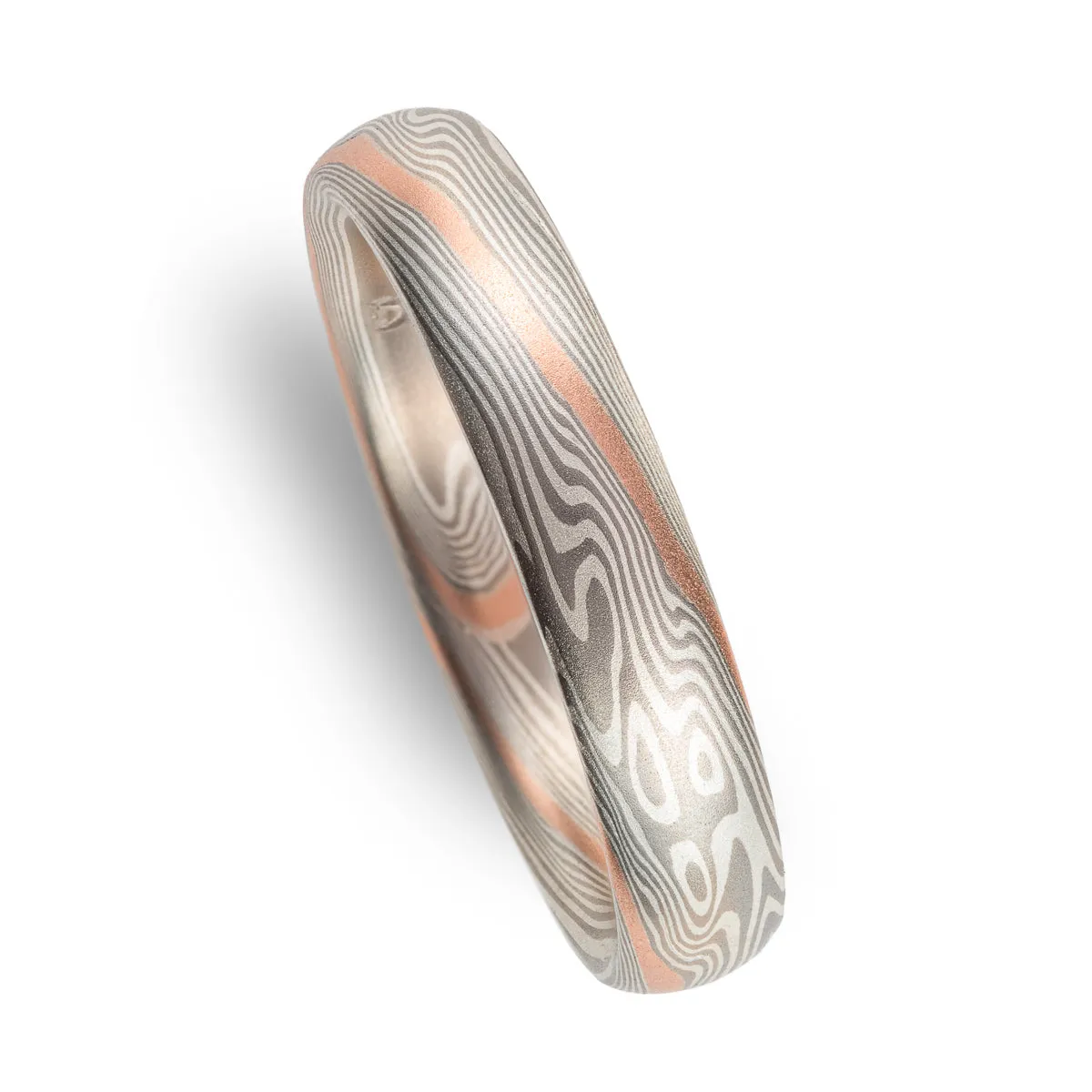 Elegant Mokume Wedding Ring In Ash Palette with Red Stratum