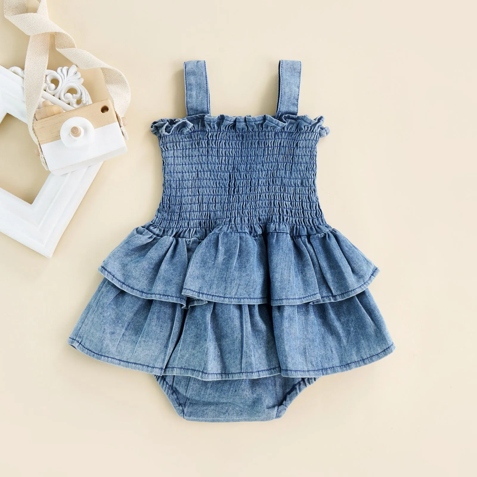 EMILY Layered Ruffles Denim Romper