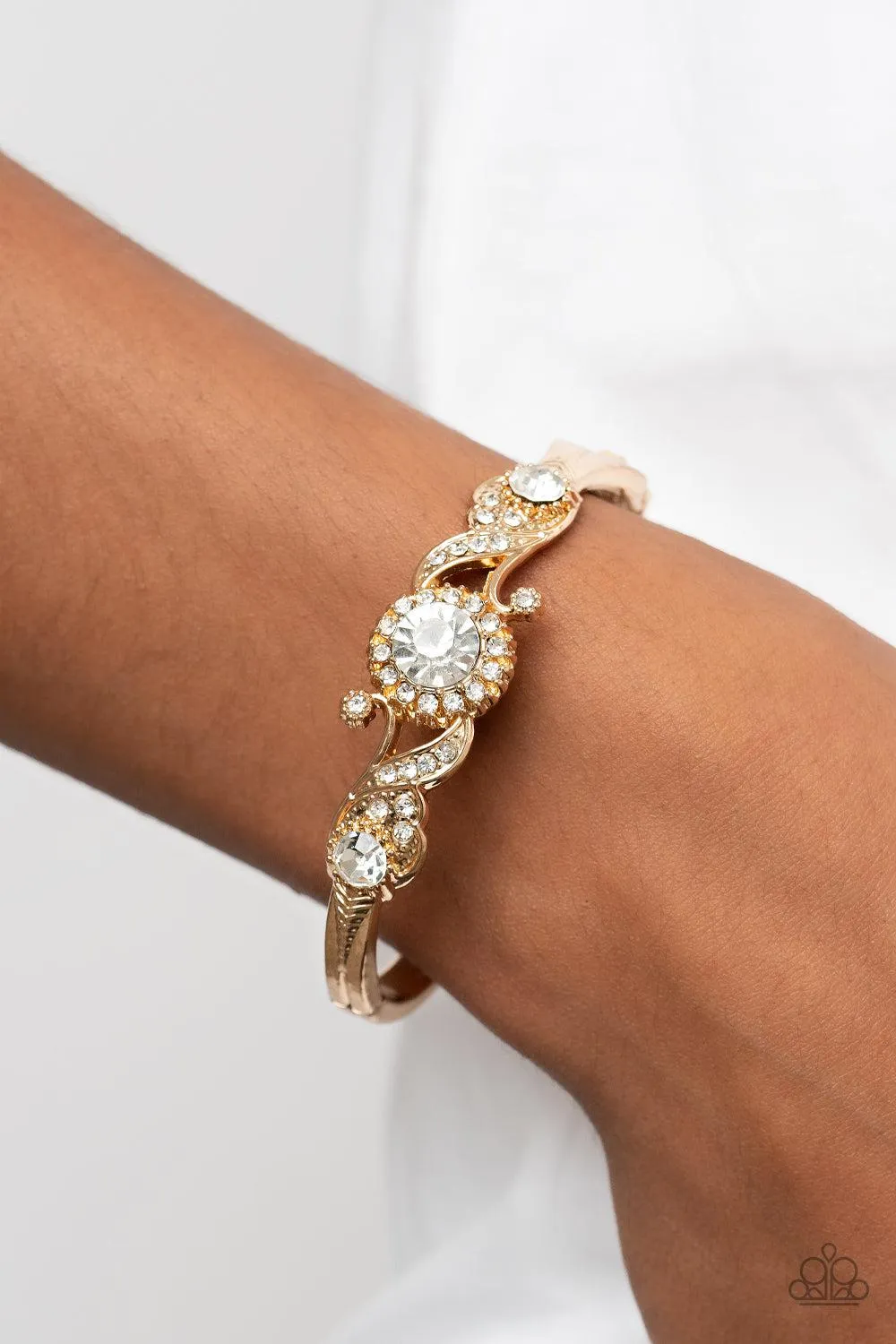 Expert Elegance Gold & White Rhinestone Bracelet - Paparazzi Accessories