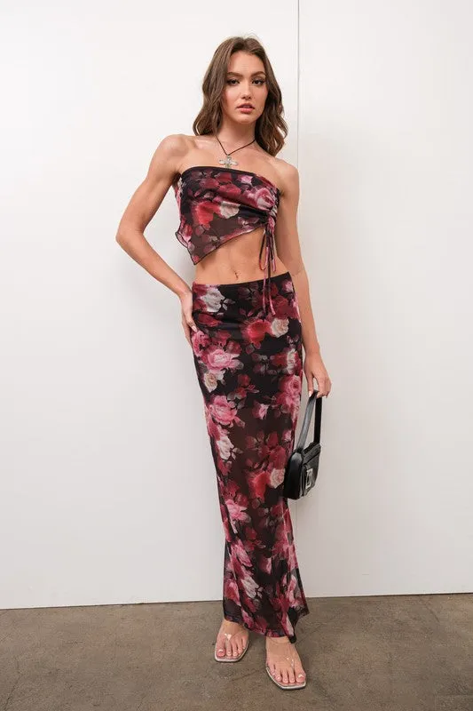 Floral Mesh Tube Top & Skirt Set